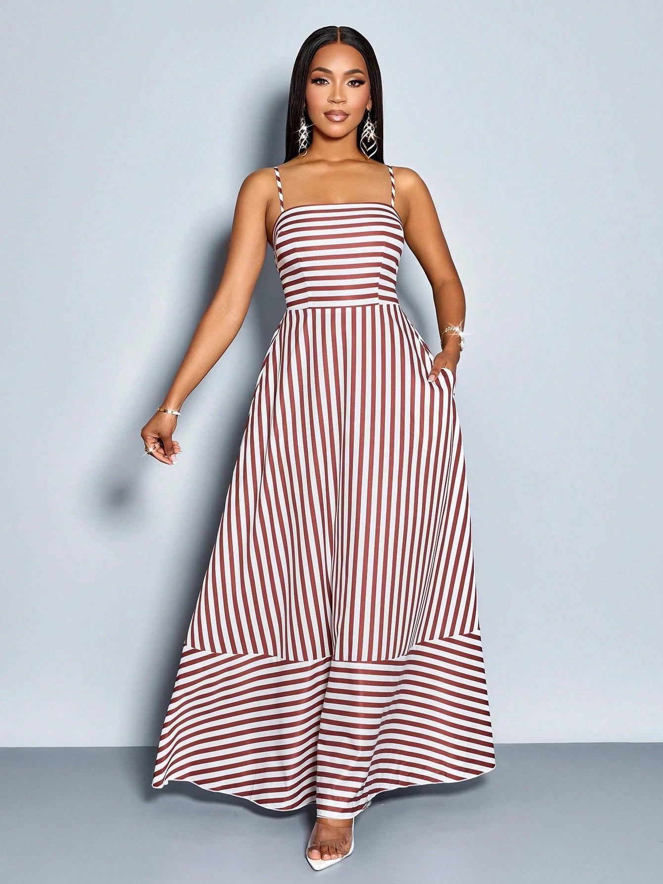 SOLERSUN Women's Flowing Striped Maxi Dress With Shoulder