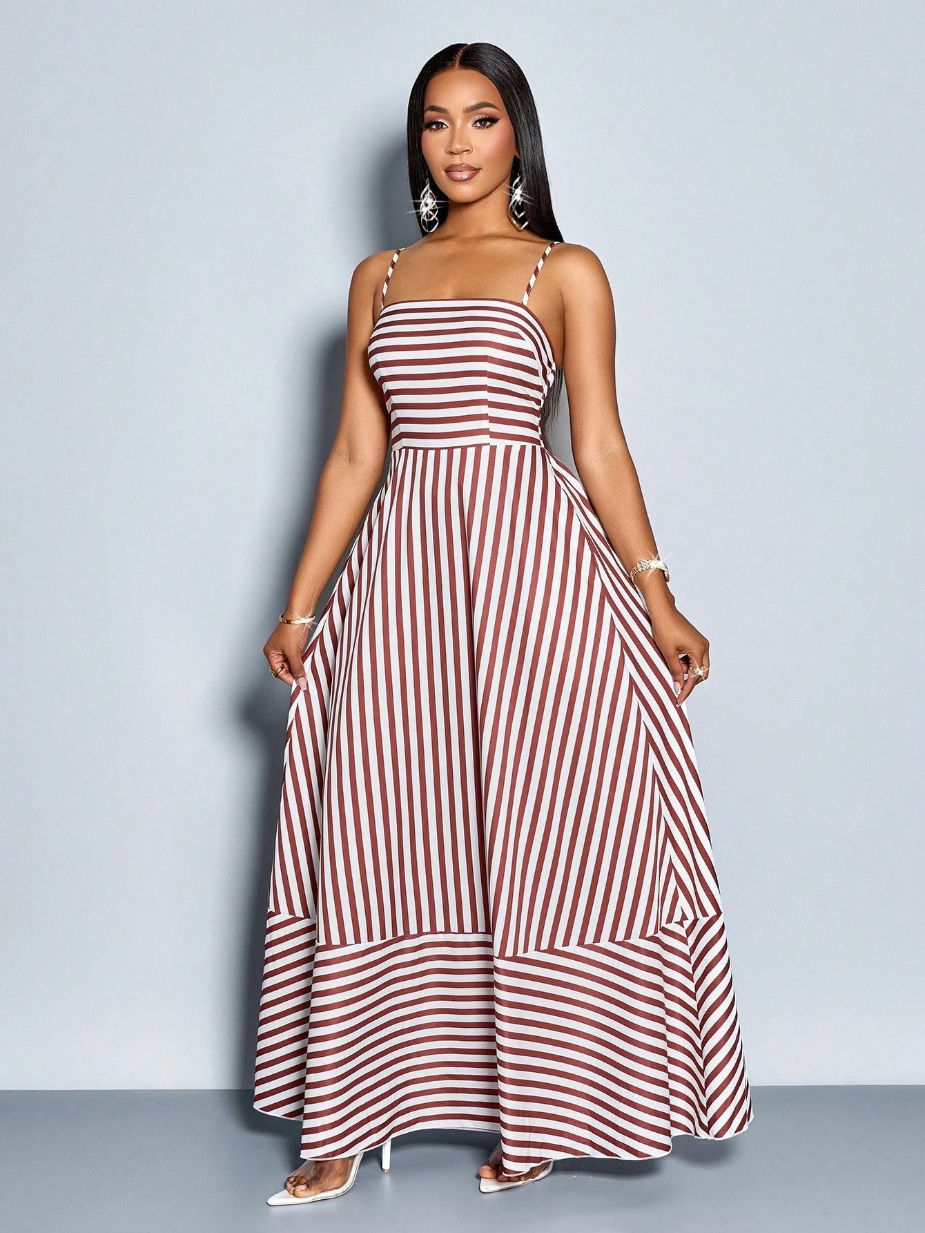 SOLERSUN Women's Flowing Striped Maxi Dress With Shoulder