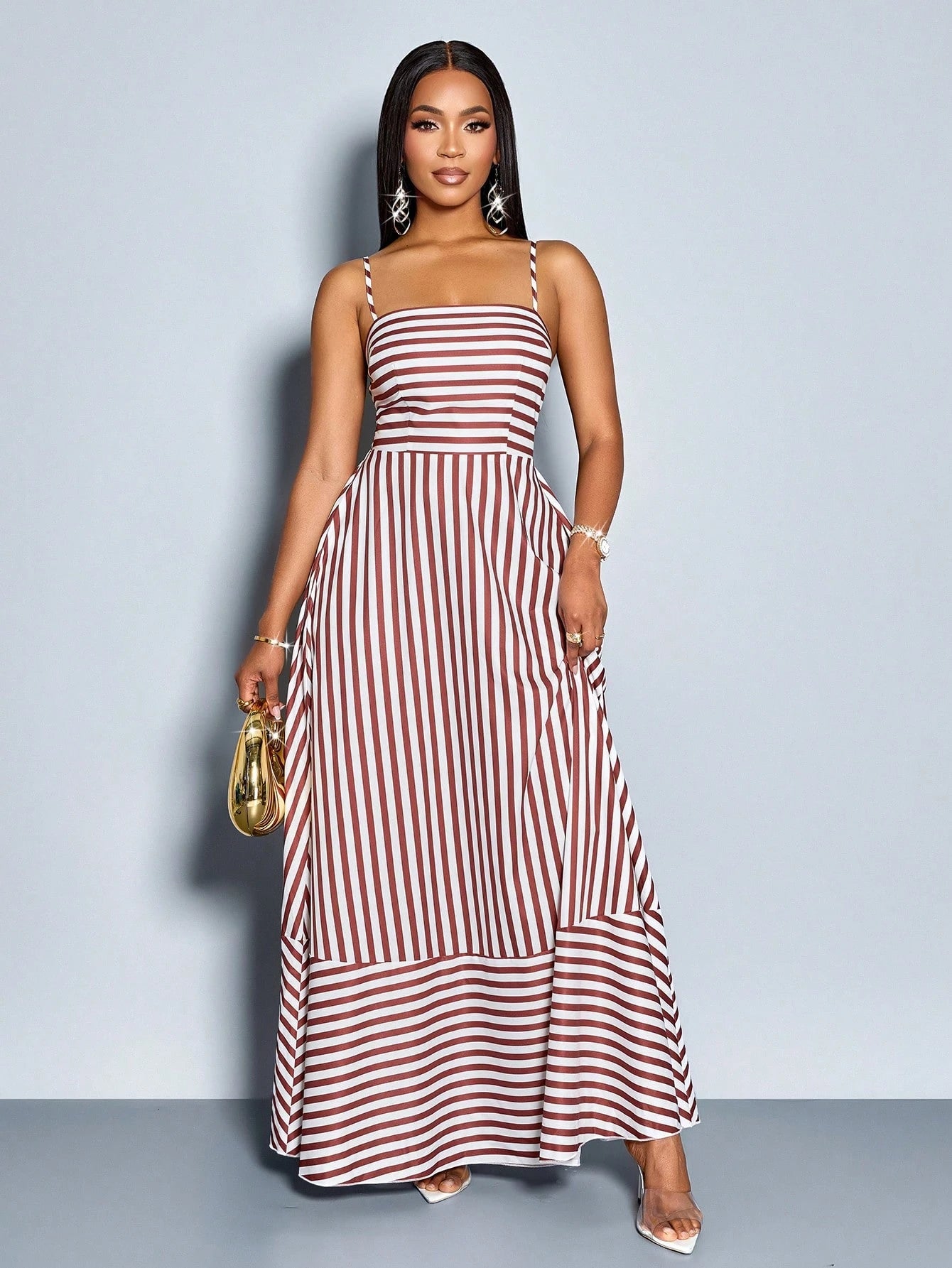SOLERSUN Women's Flowing Striped Maxi Dress With Shoulder Straps,Pockets,Chest Gathering,Mustard - image 5