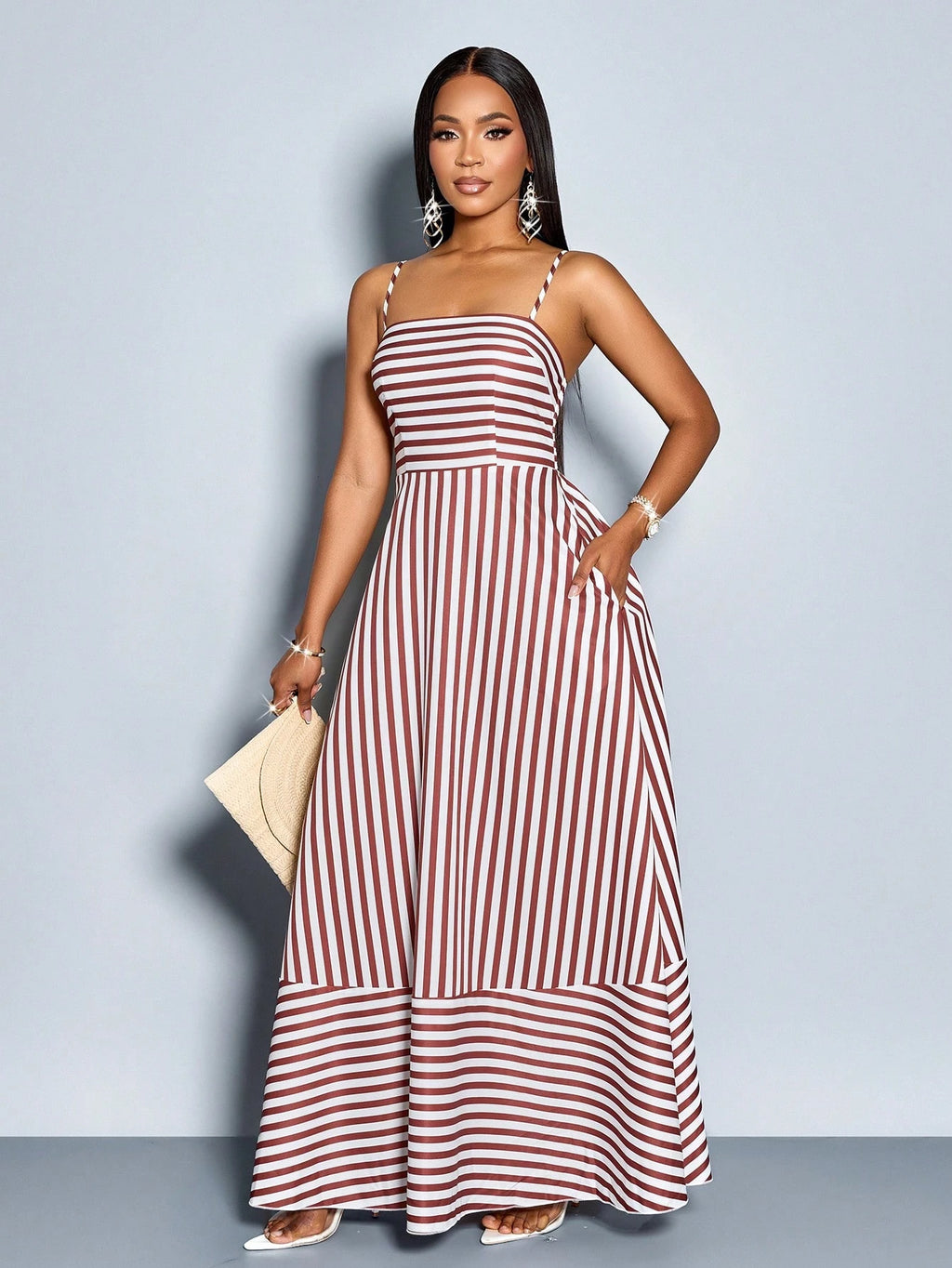SOLERSUN Women's Flowing Striped Maxi Dress With Shoulder