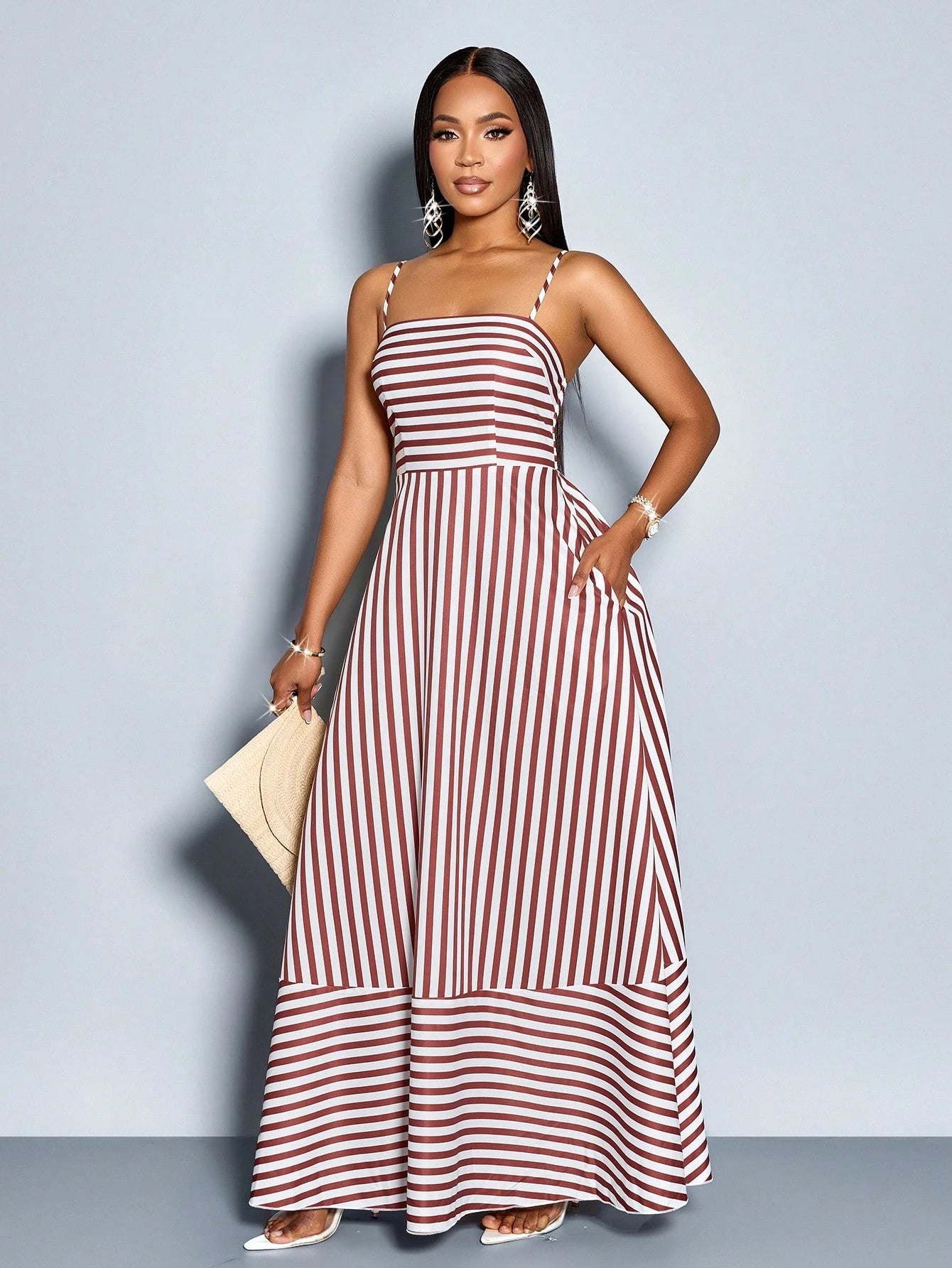 SOLERSUN Women's Flowing Striped Maxi Dress With Shoulder