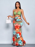 Women's Summer Vacation Style Leopard Flowers Tropical Print Ruched
