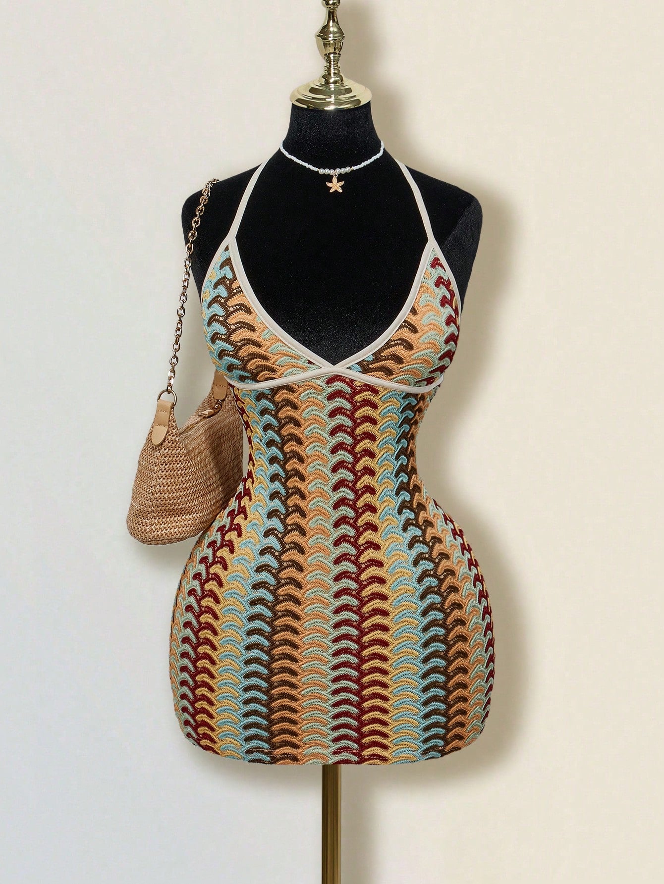 ICON Women's Colorful Jacquard Knit Contrast Ribbed Trim Halter Backless Deep V Mini Beach Dress - image 8