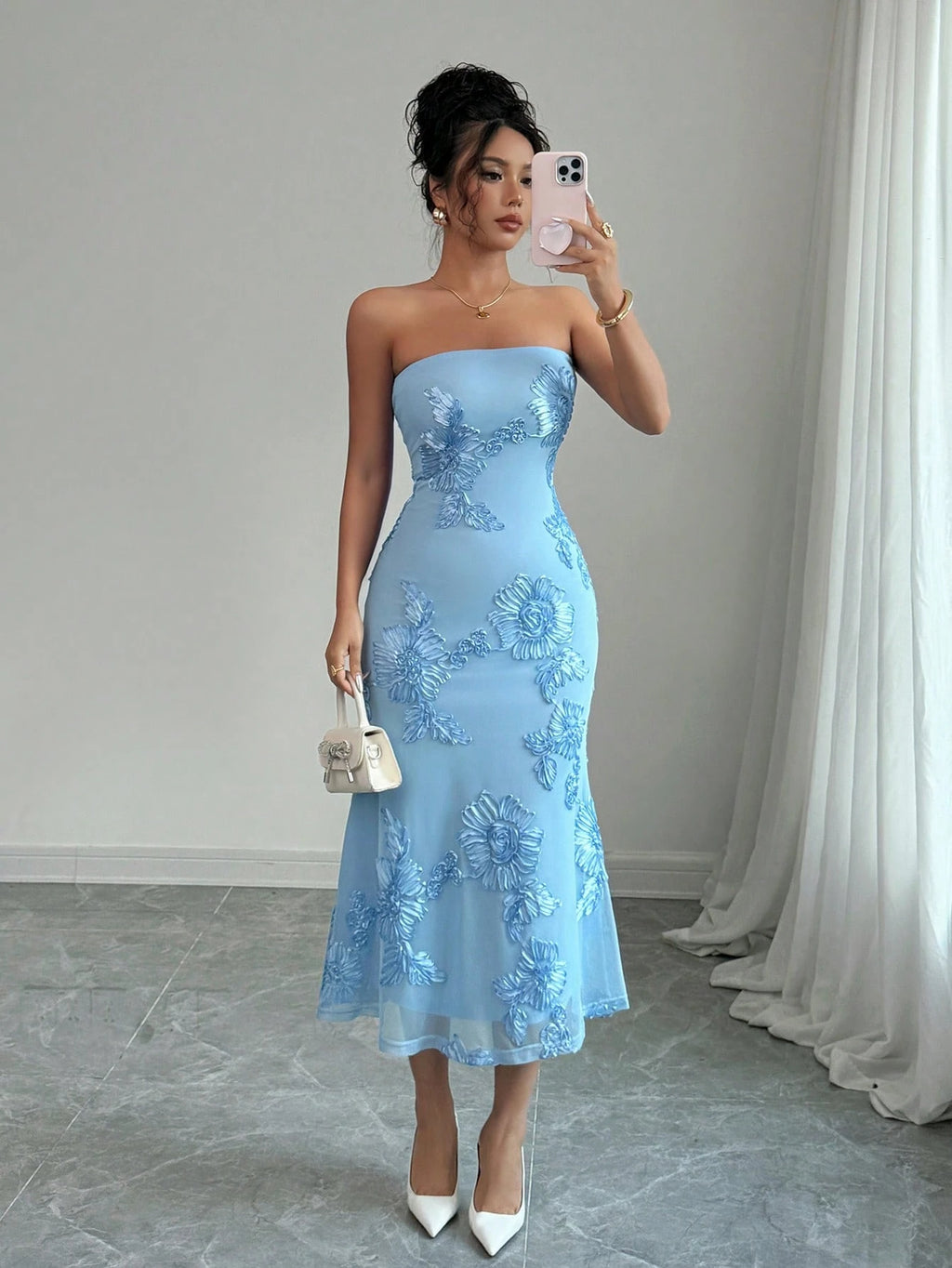 Rafferiza Vacation Style Mesh 3D Floral Strapless Dress For Women