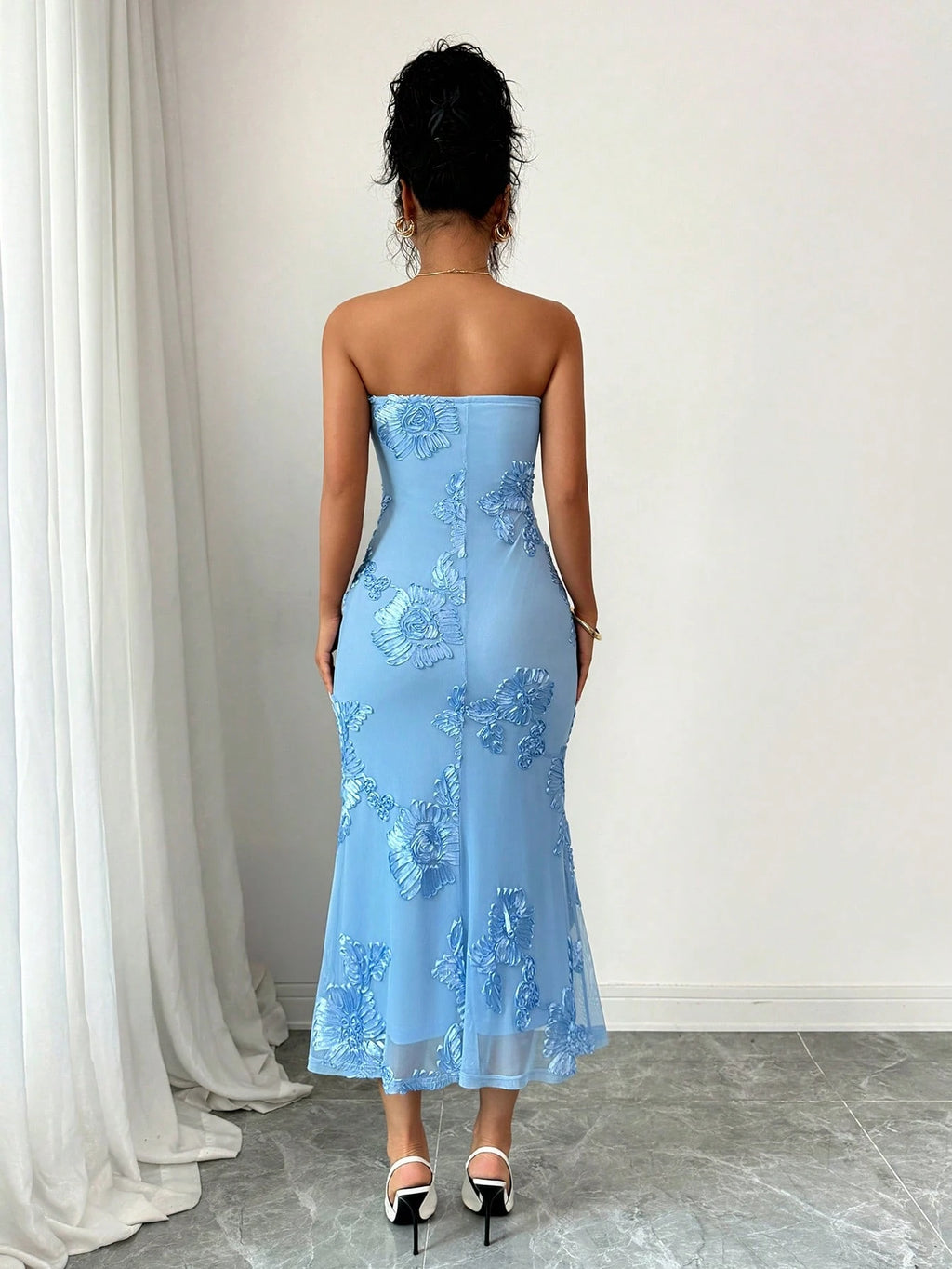 Rafferiza Vacation Style Mesh 3D Floral Strapless Dress For Women