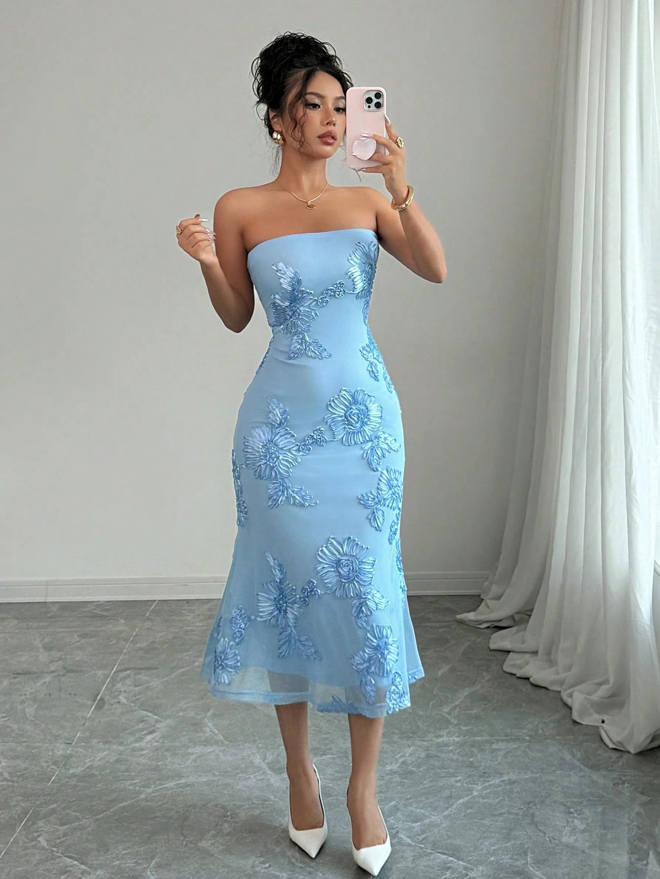 Rafferiza Vacation Style Mesh 3D Floral Strapless Dress For Women