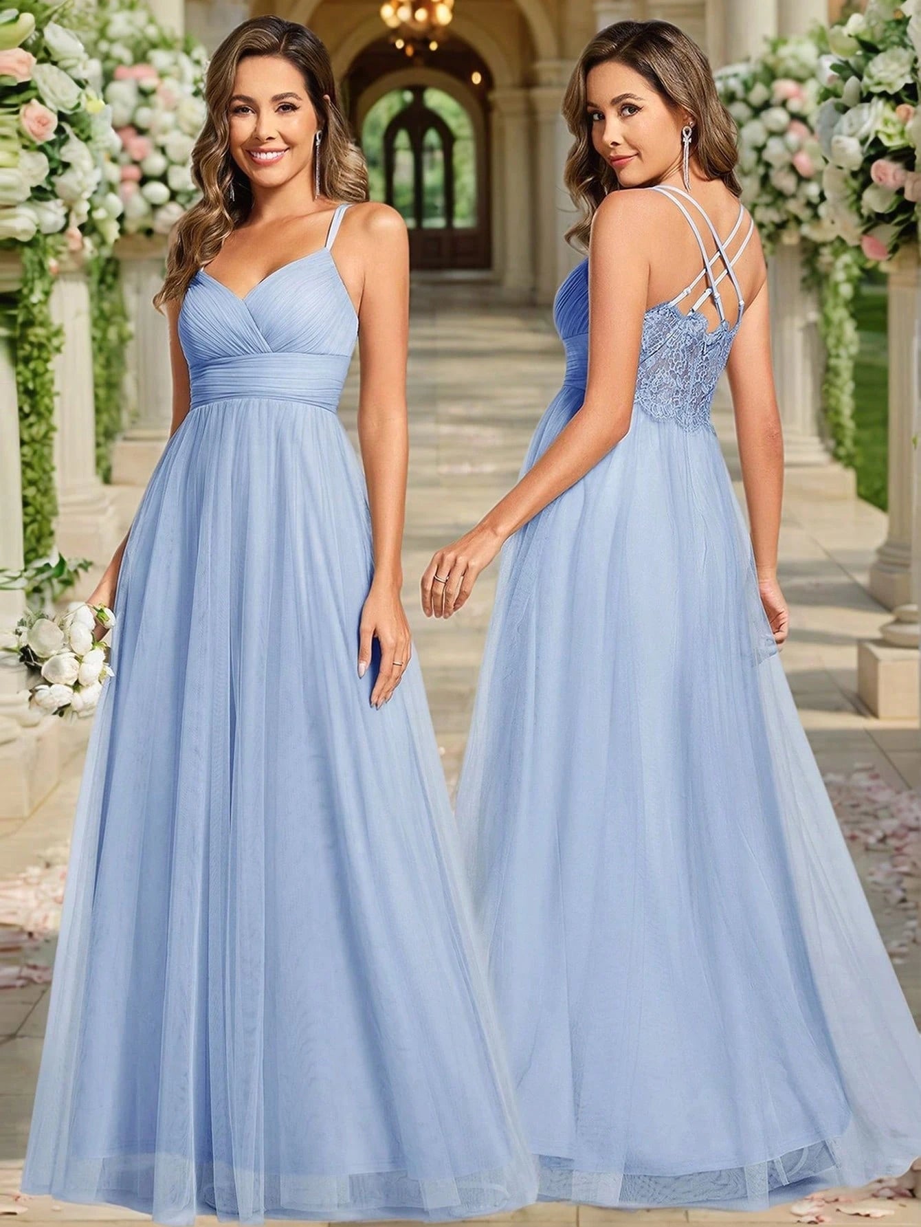 EVERPRETTY Elegant Lace Contrast Mesh Backless Pink Bridesmaid Dress, Suitable For Spring/Summer Weddings, - image 16