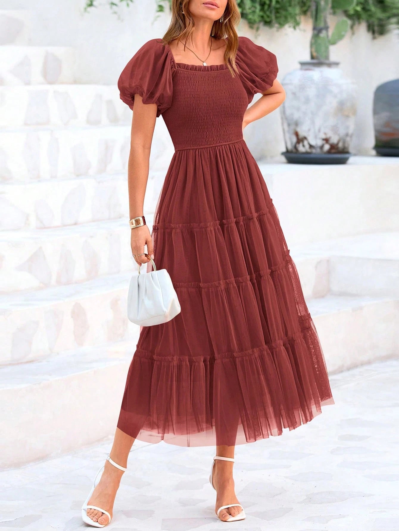 Women's Summer Pleated Mid-Length Tulle Dress Puffy Short Sleeve