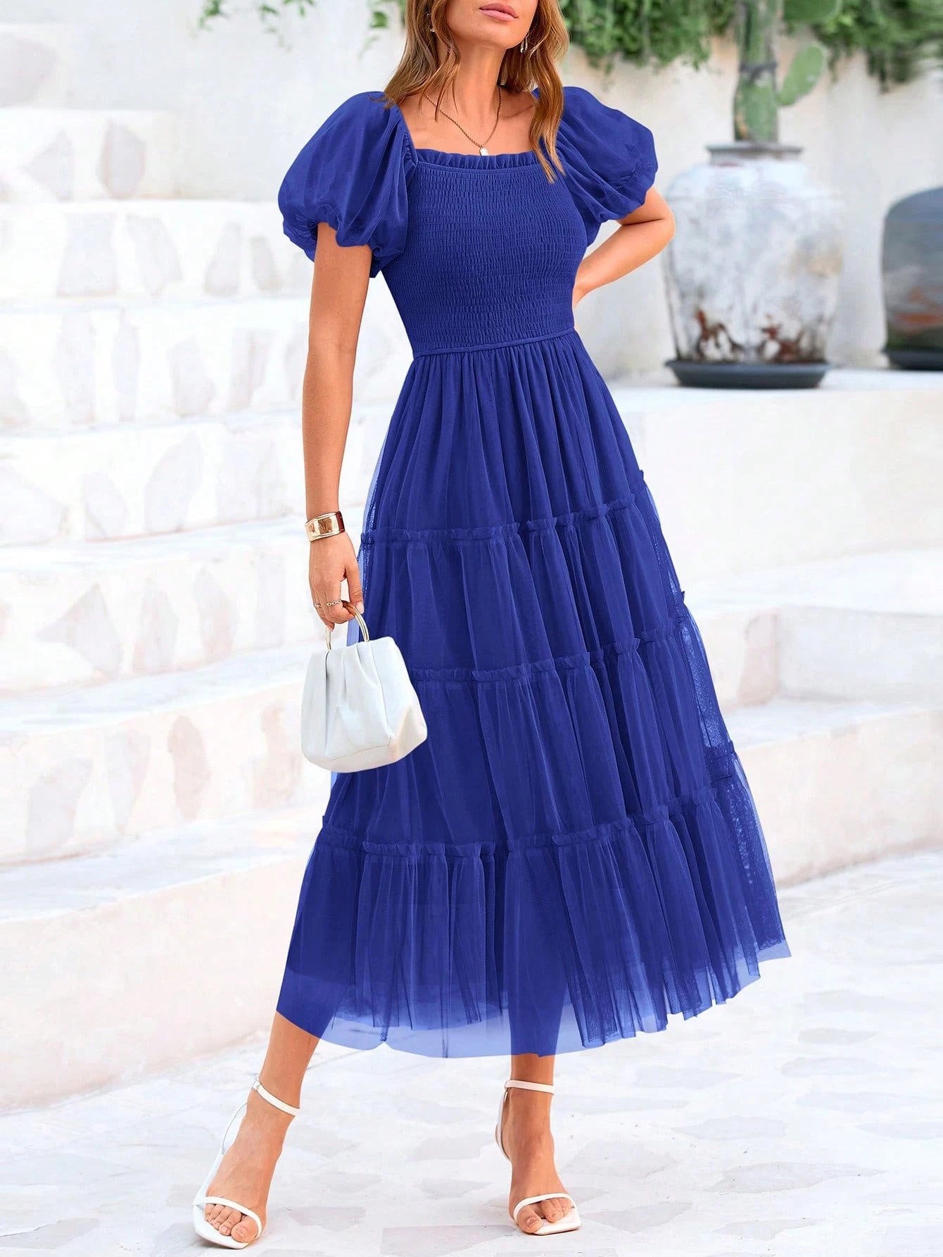 Women's Summer Pleated Mid-Length Tulle Dress Puffy Short Sleeve
