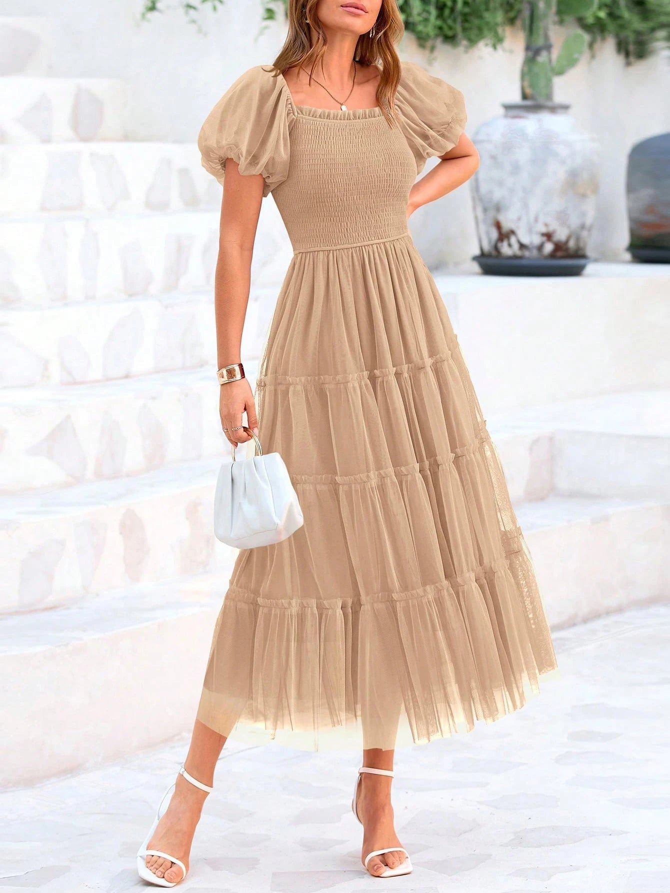 Women's Summer Pleated Mid-Length Tulle Dress Puffy Short Sleeve