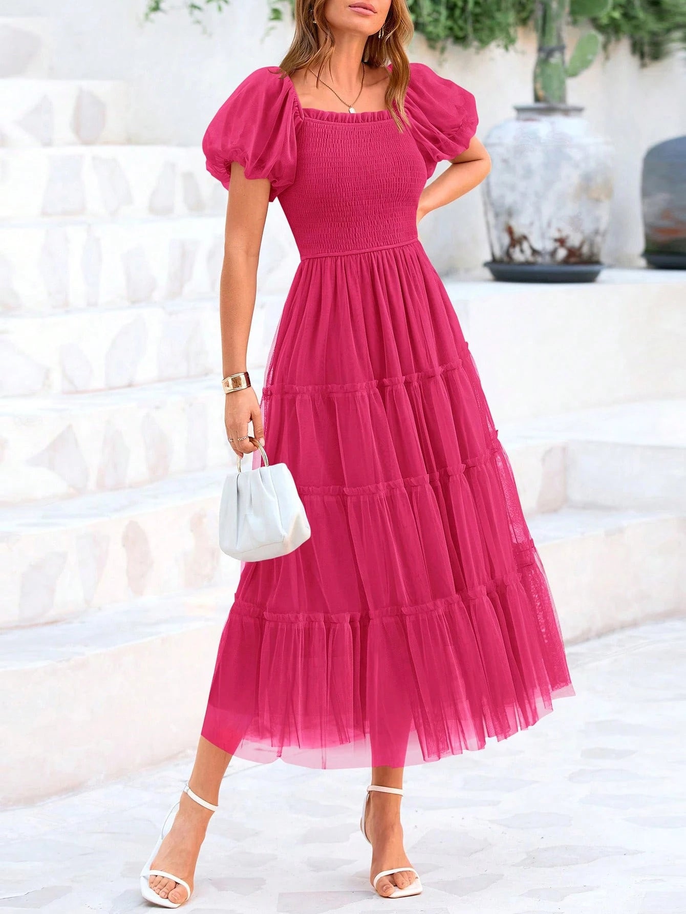 Women's Summer Pleated Mid-Length Tulle Dress Puffy Short Sleeve