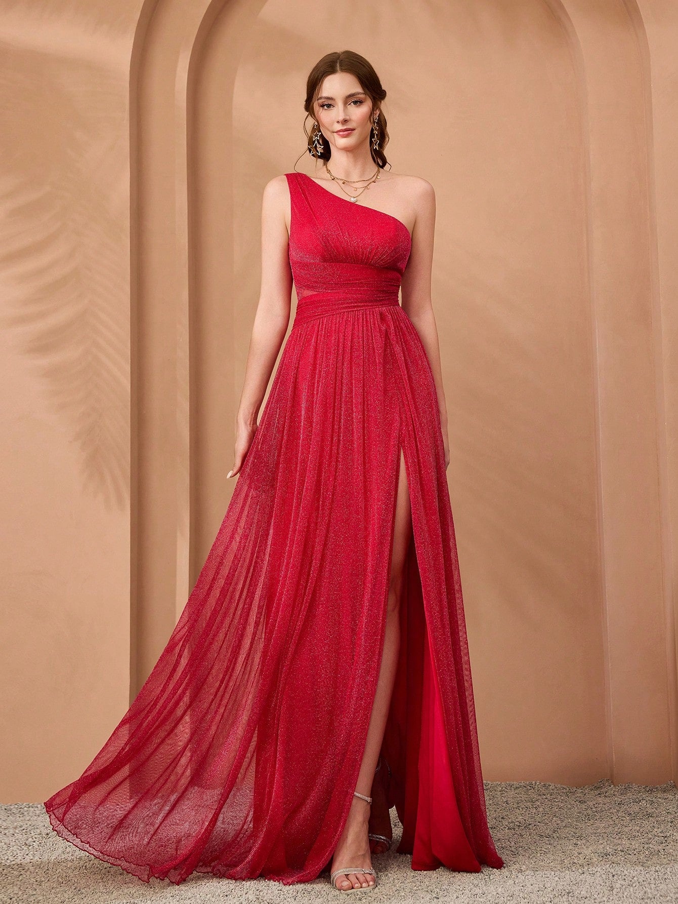 Summer Elegant Brown Glitter Mesh Asymmetrical One-Shoulder Ruched