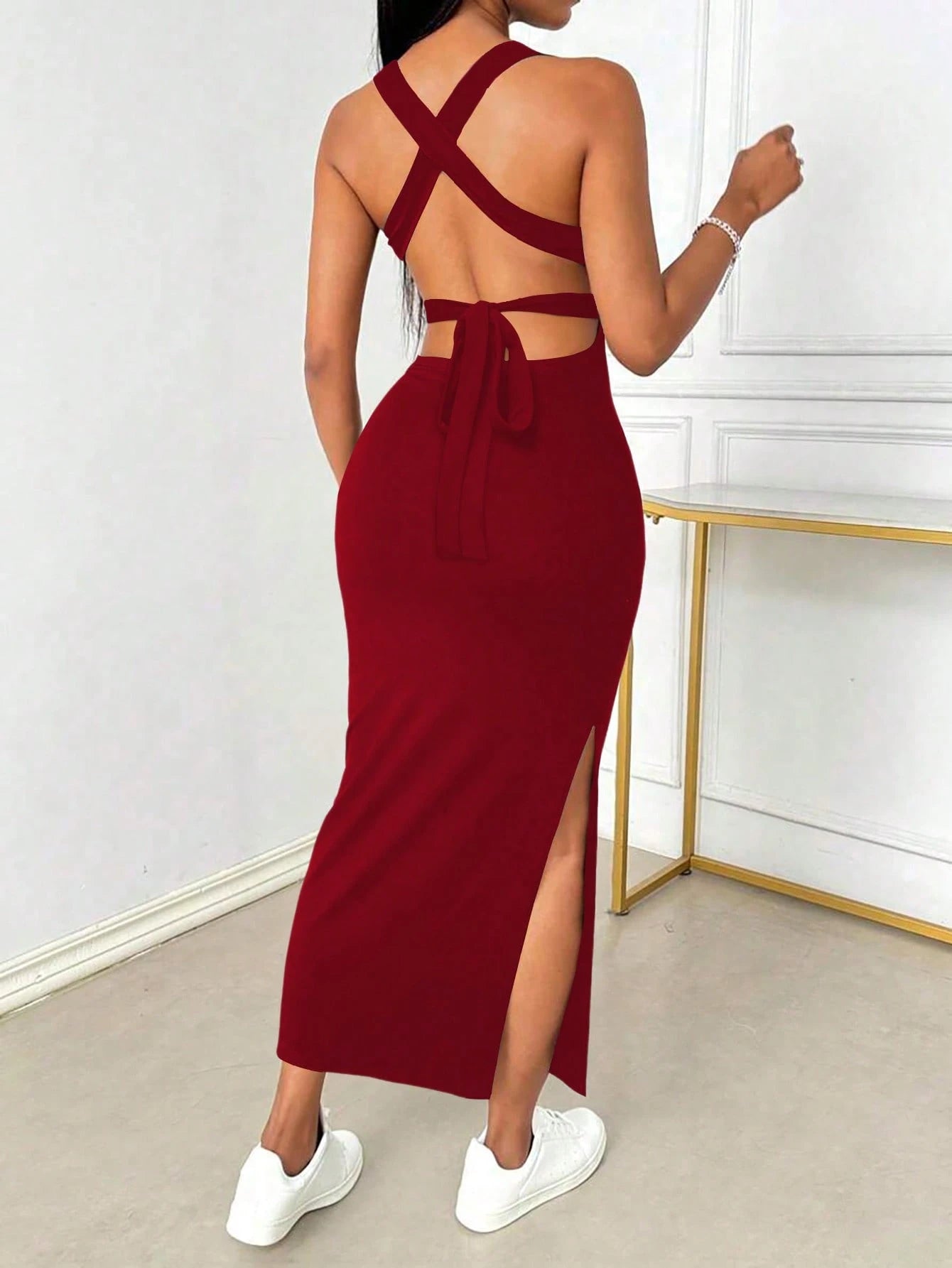 INAWLY Tight Fitted Sexy Low Neck Backless Criss-Cross Strap Slit