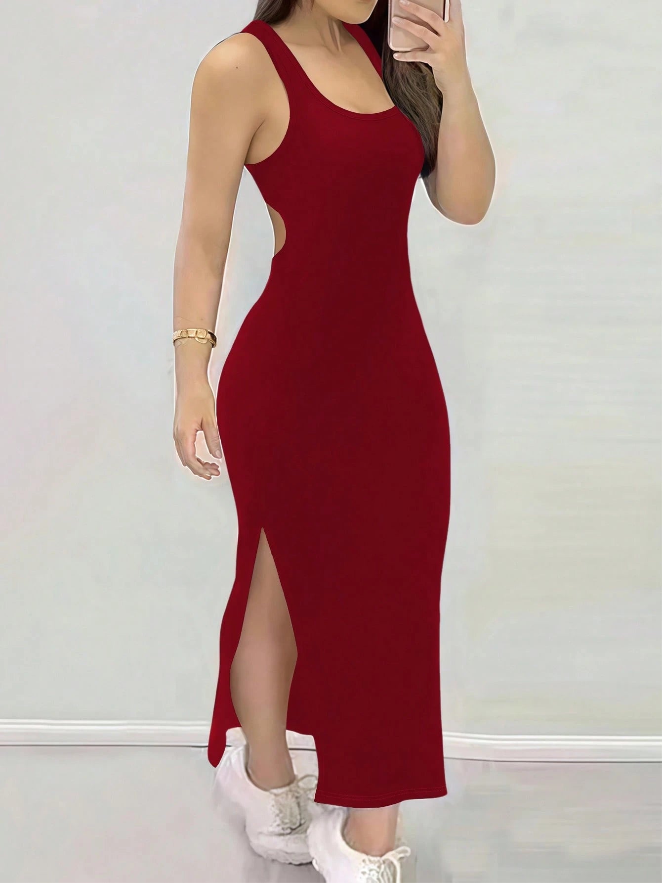 INAWLY Tight Fitted Sexy Low Neck Backless Criss-Cross Strap Slit