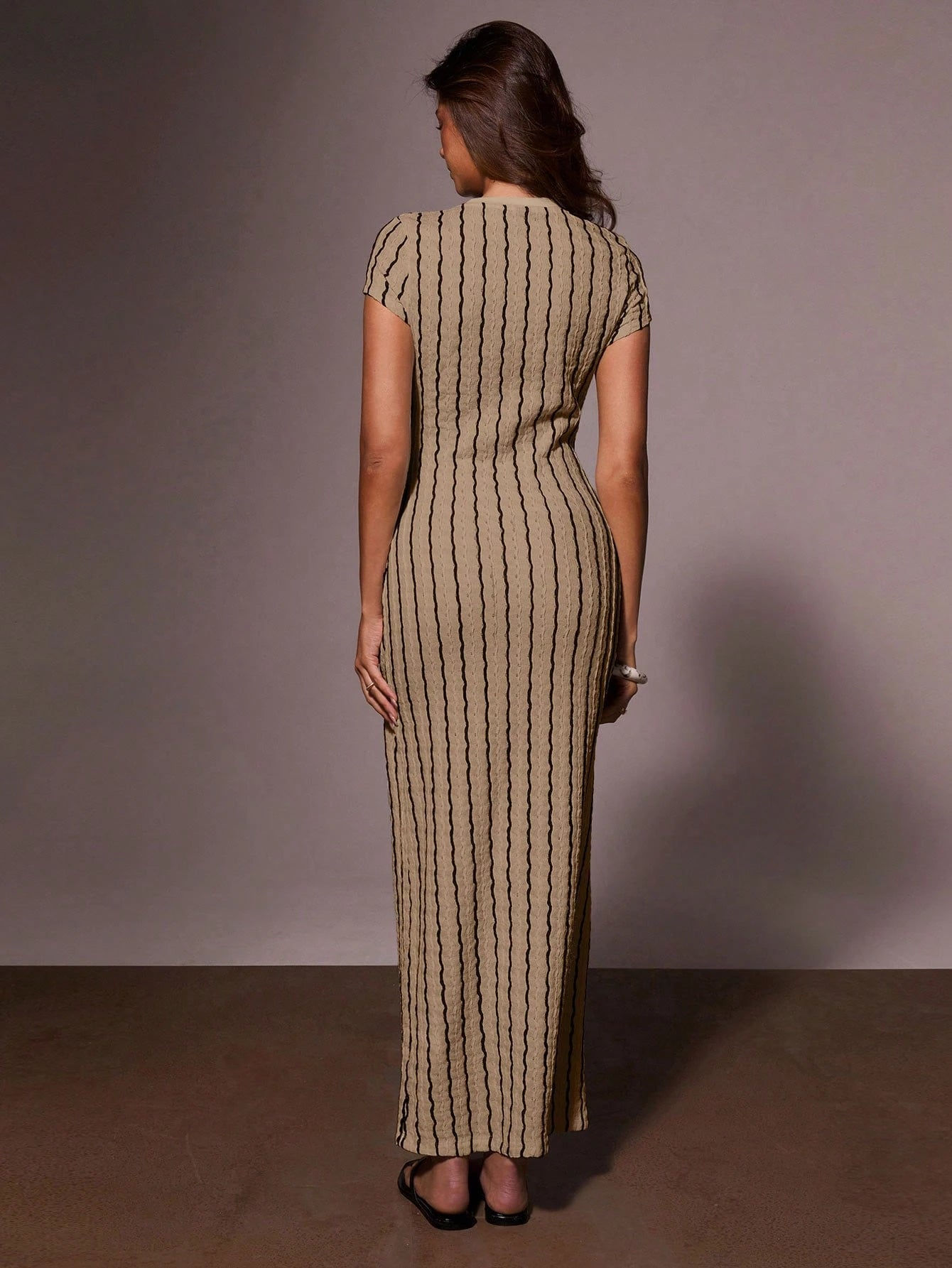 Athîral Women's Casual Round Neck Brown Striped Fashion Short Sleeve Long Dress , Summer Vacation - image 20
