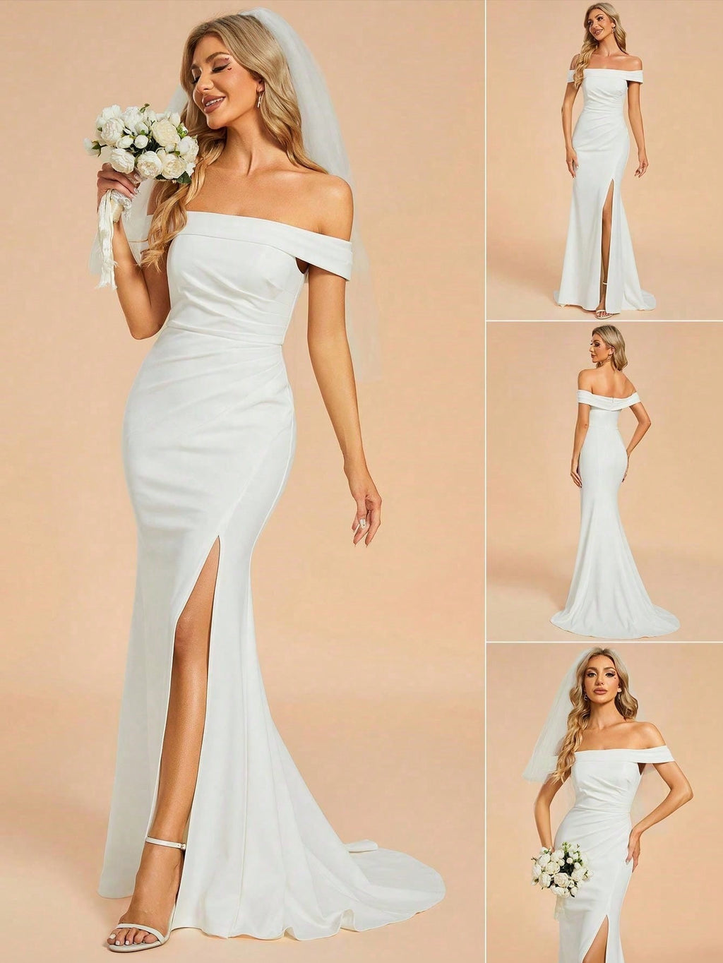 Sexy Off-Shoulder High Slit Mermaid Wedding Dress White Elegant Bridal Dress - image 19