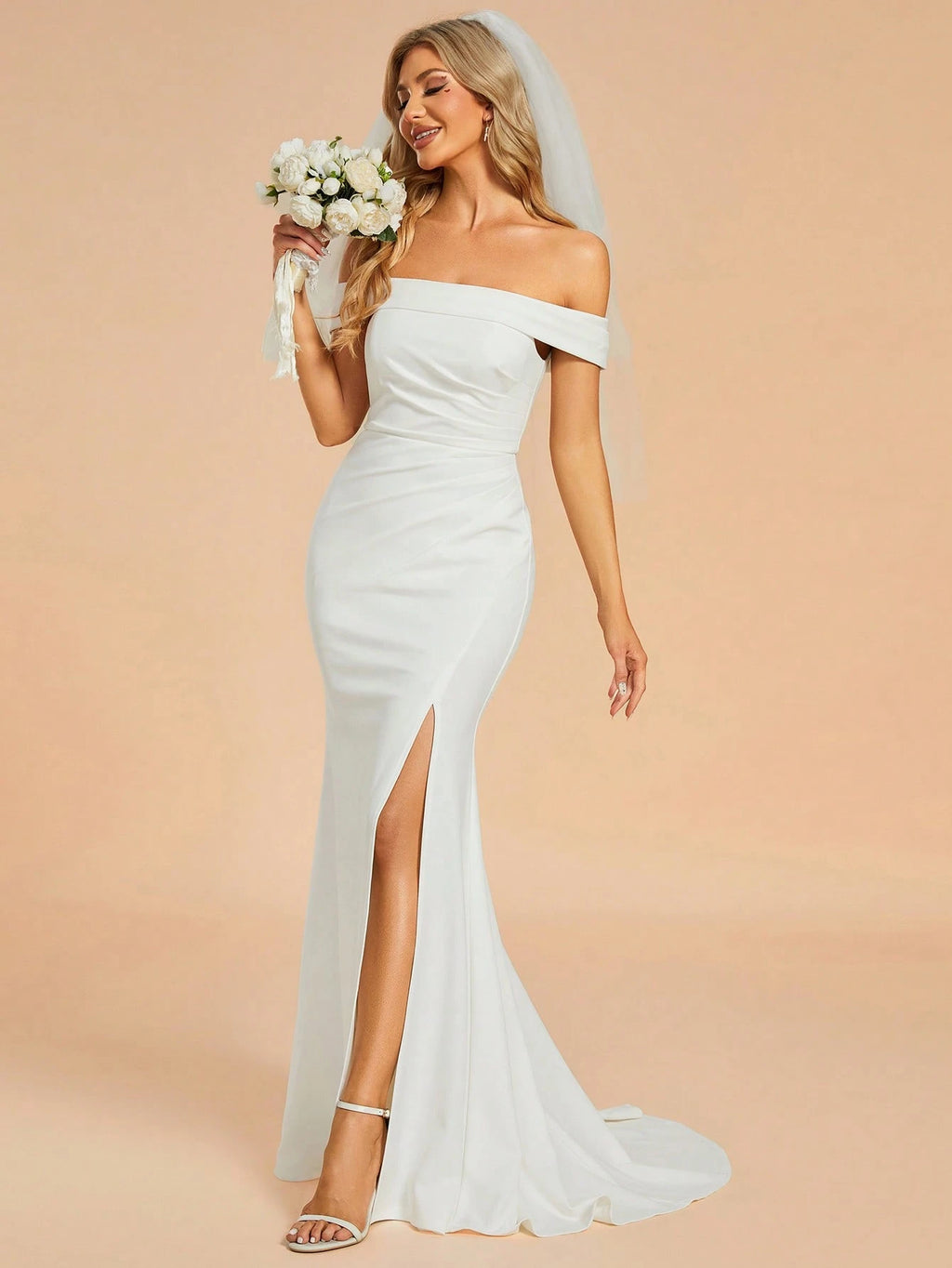 Sexy Off-Shoulder High Slit Mermaid Wedding Dress White Elegant Bridal Dress - image 16