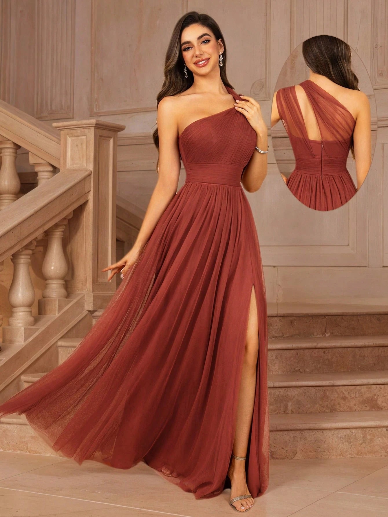MOEVIO Women's Asymmetrical One Shoulder Crossover Neckline Tulle Backless Overlay A-Line Formal Long - image 8