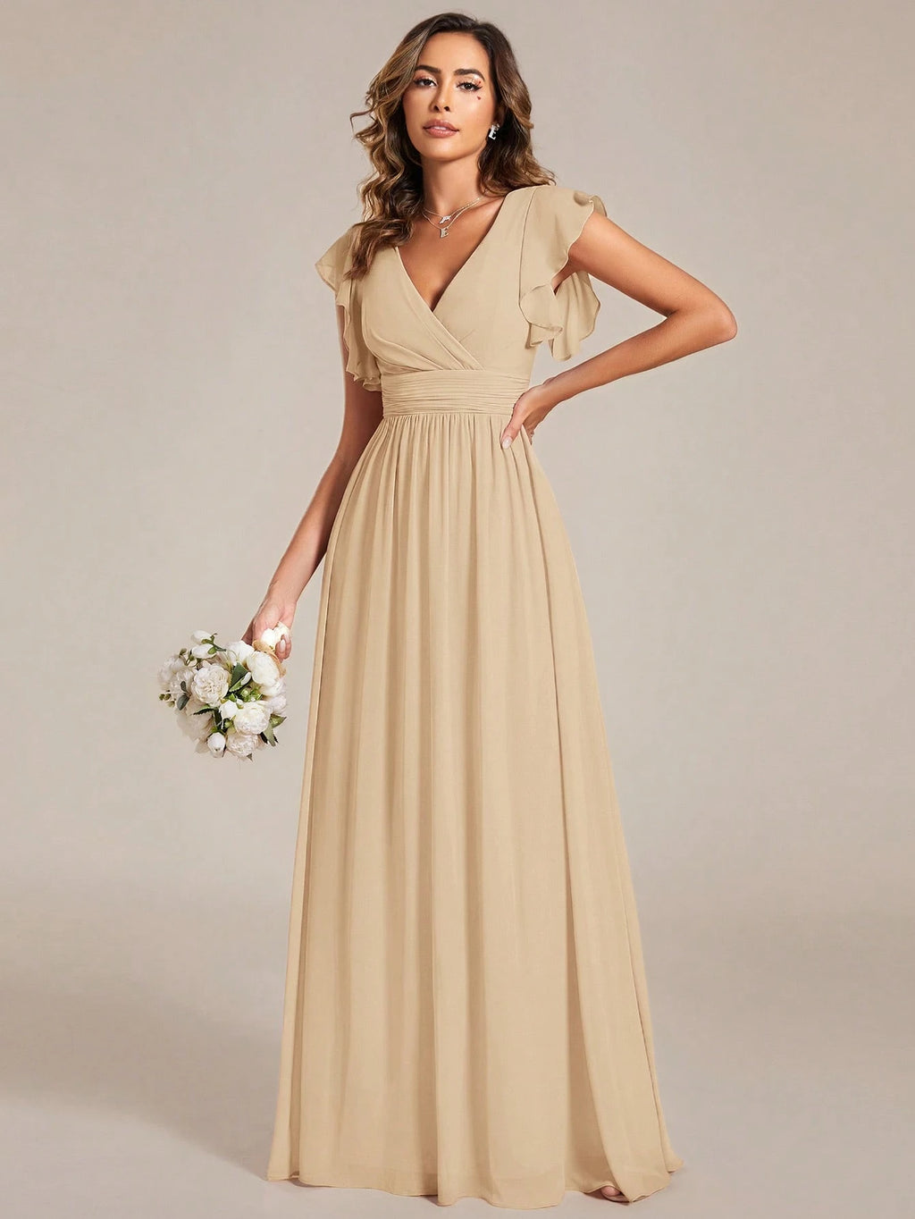 Asymmetric Ruffle Sleeve V-Neck Chiffon Green Bridesmaid Dress, Suitable For Weddings, Birthdays, Parties - image 9