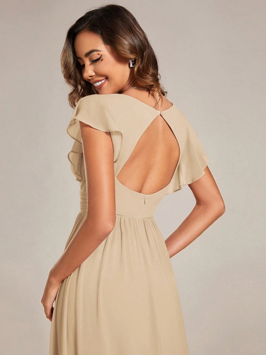 Asymmetric Ruffle Sleeve V-Neck Chiffon Green Bridesmaid Dress, Suitable For Weddings, Birthdays, Parties - image 8