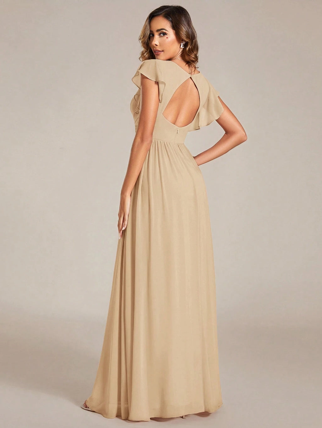 Asymmetric Ruffle Sleeve V-Neck Chiffon Green Bridesmaid Dress, Suitable For Weddings, Birthdays, Parties - image 10