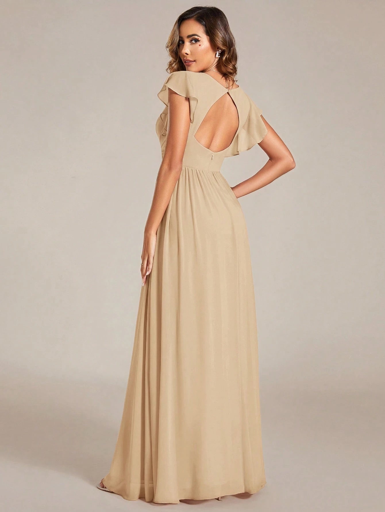 Asymmetric Ruffle Sleeve V-Neck Chiffon Green Bridesmaid Dress, Suitable For Weddings, Birthdays, Parties - image 10