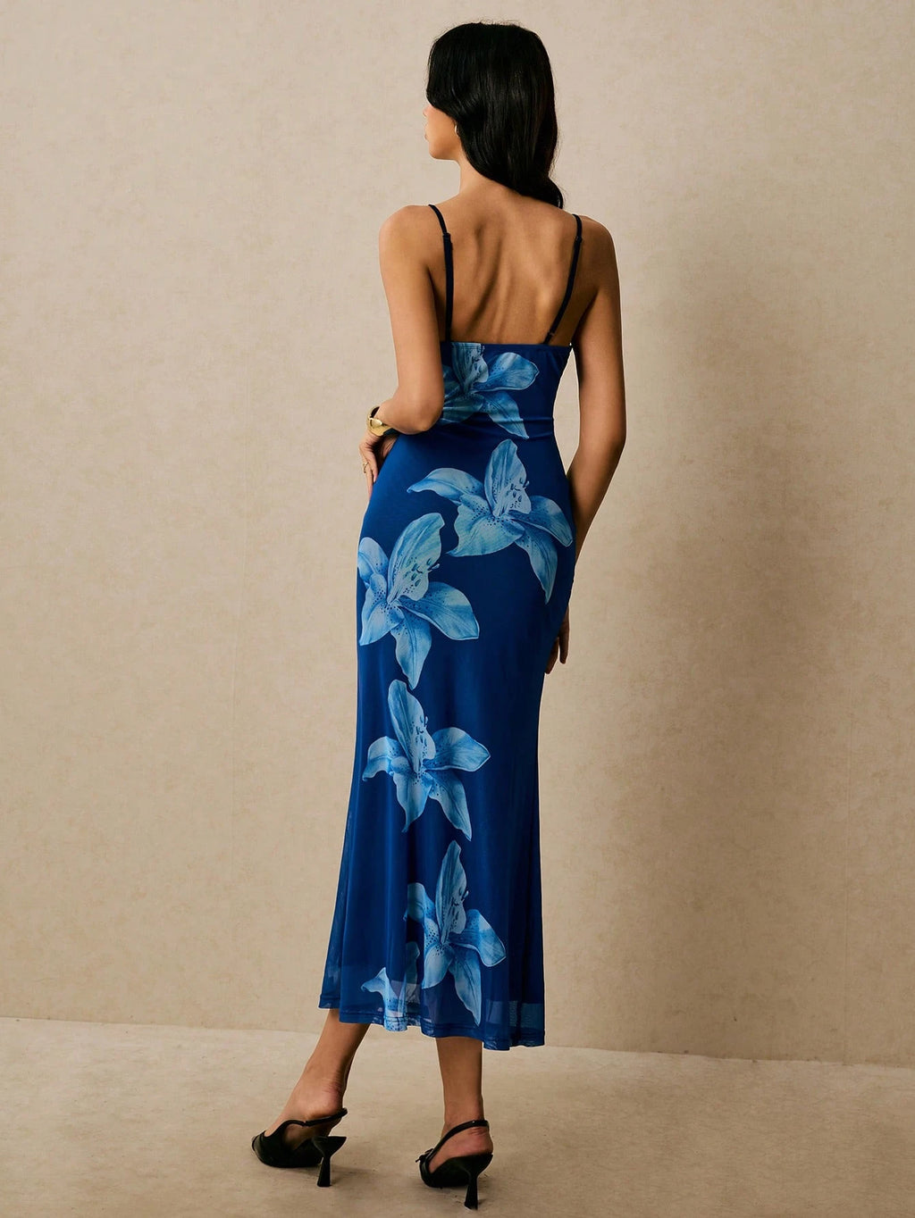 Poéselle Floral Spaghetti Strap Maxi Dress Black Floral V Neck Summer Wedding For Women Print Fitted Long - image 12