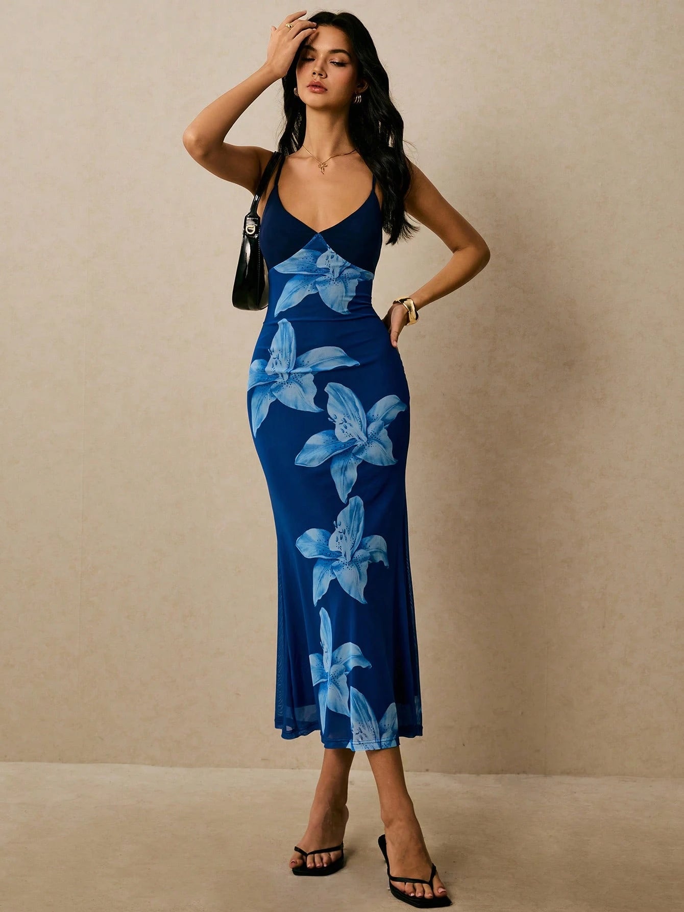 Poéselle Floral Spaghetti Strap Maxi Dress Black Floral V Neck Summer Wedding For Women Print Fitted Long - image 13