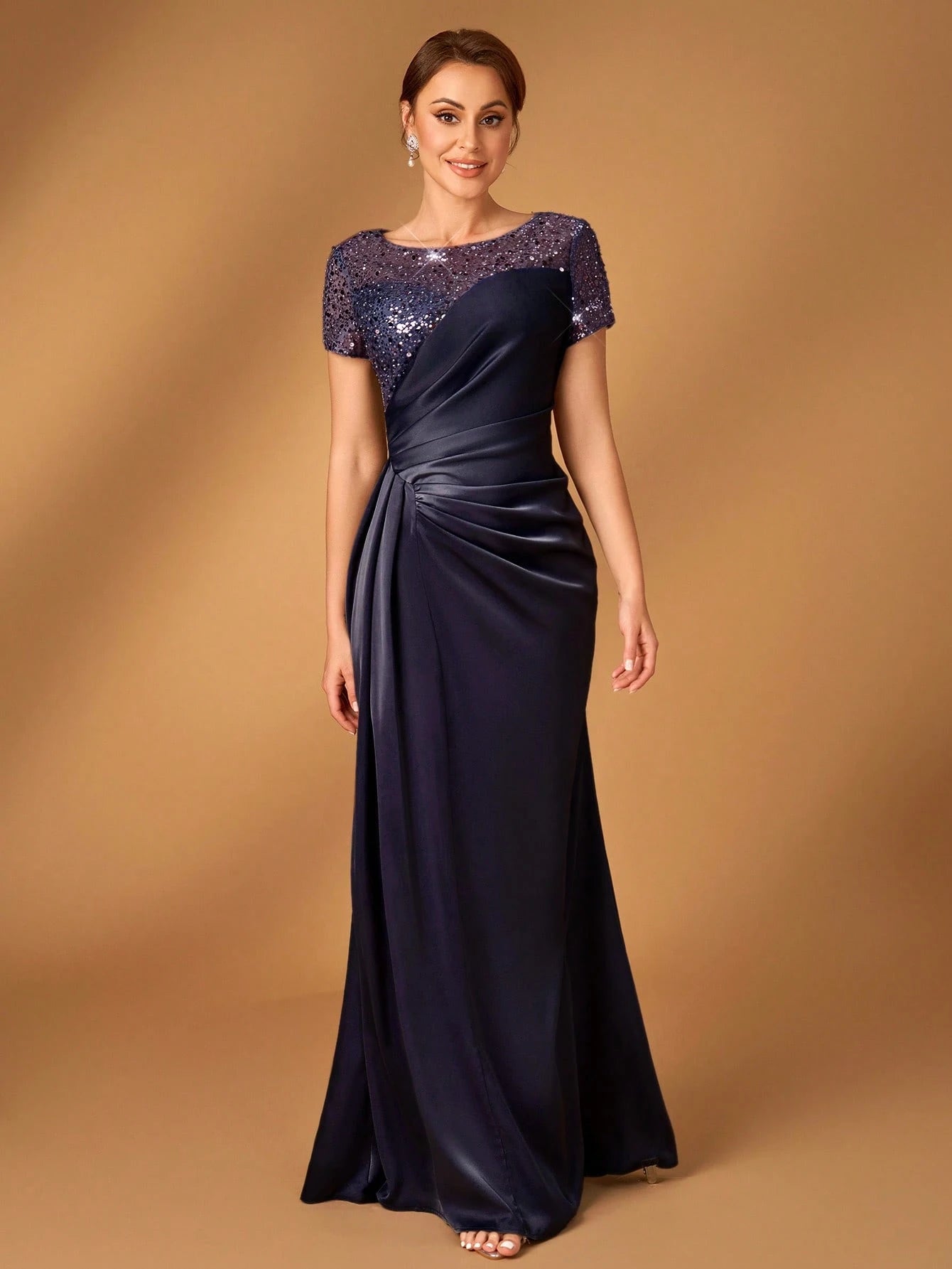 Serin Navy Blue,Winter,Formal,Evening,Elegant Luxurious Pearl & Sequin Embellished Satin Ruched Fishtail Hem - image 17