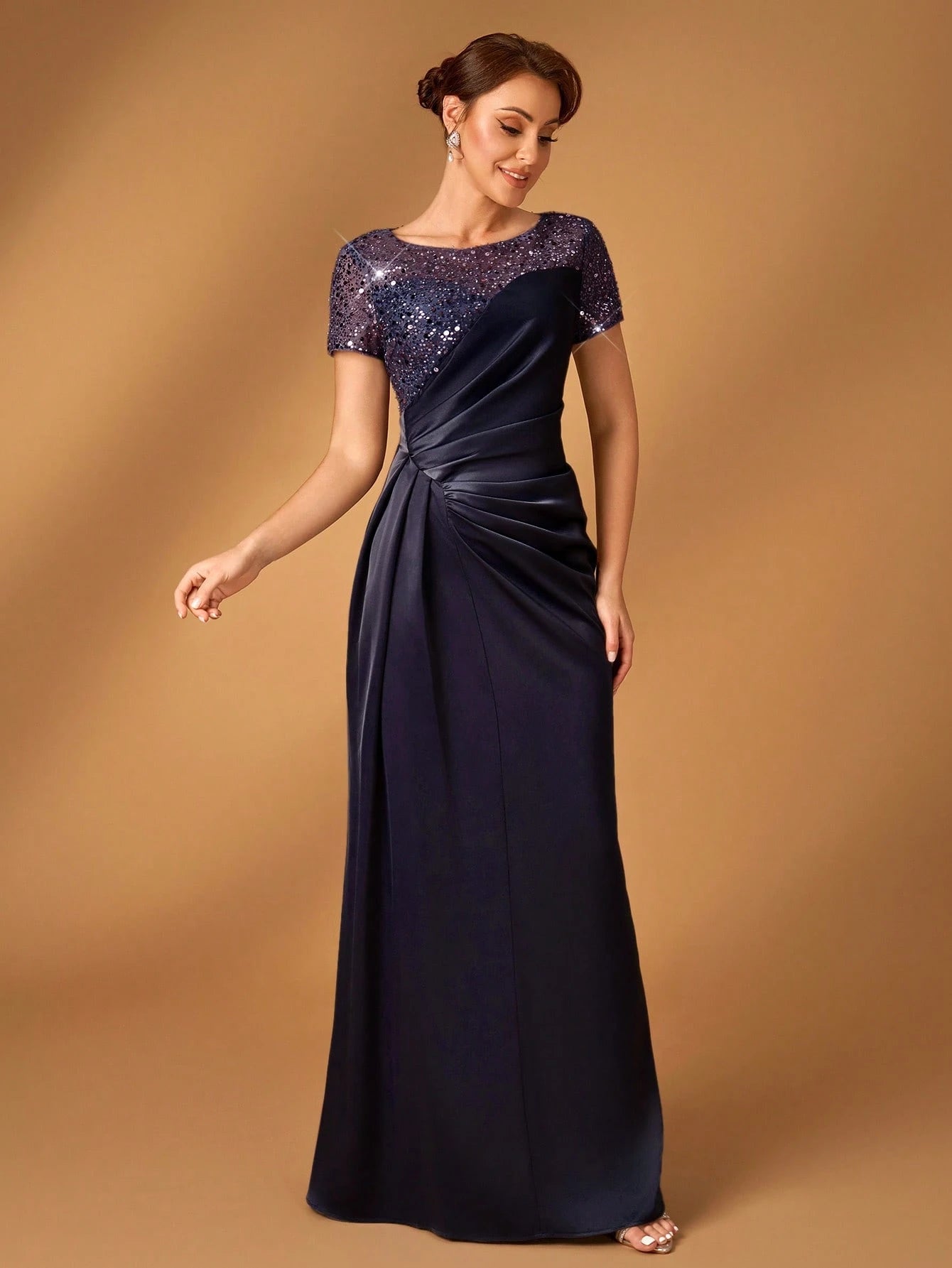 Serin Navy Blue,Winter,Formal,Evening,Elegant Luxurious Pearl & Sequin Embellished Satin Ruched Fishtail Hem - image 14