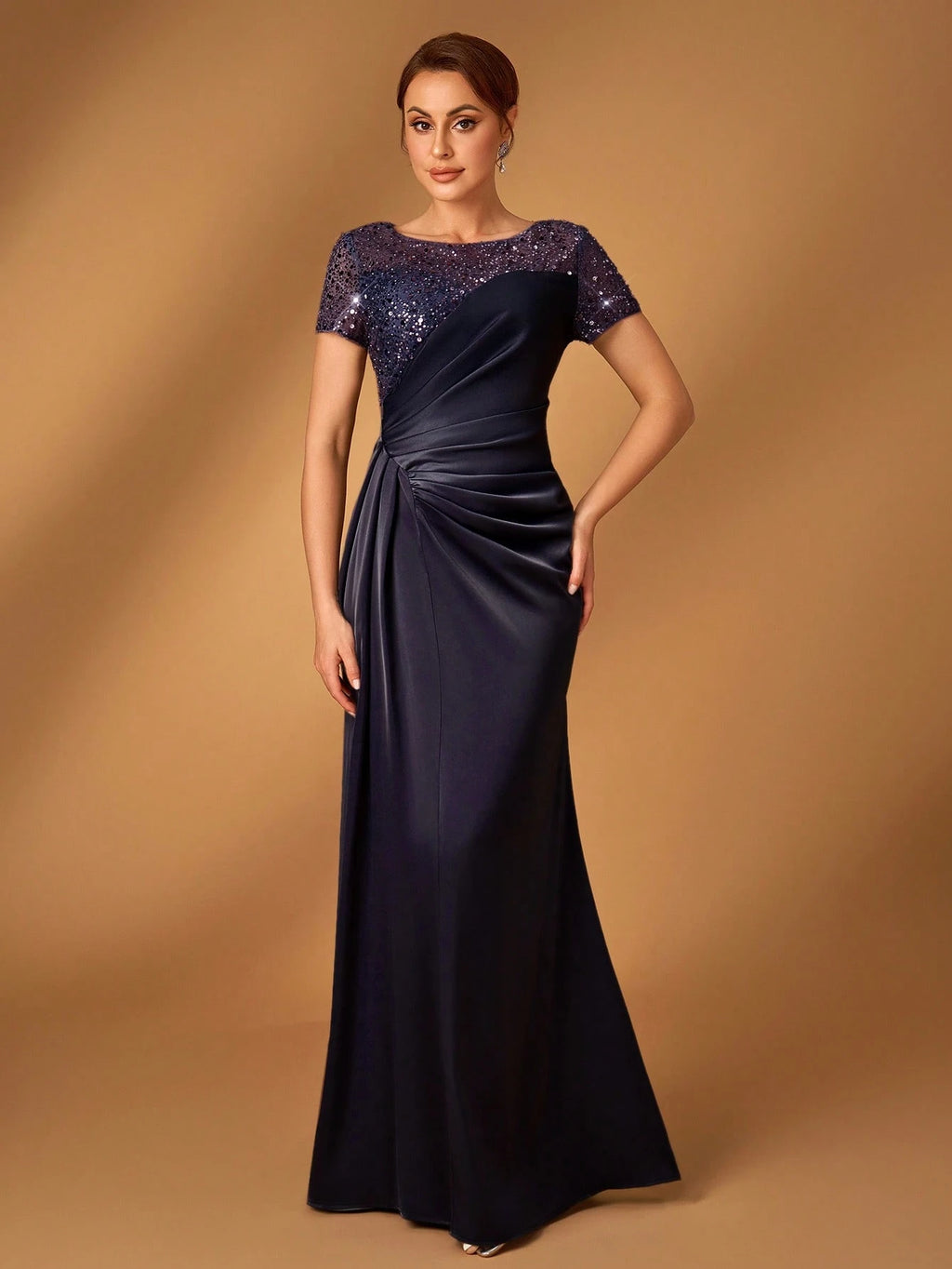 Serin Navy Blue,Winter,Formal,Evening,Elegant Luxurious Pearl & Sequin Embellished Satin Ruched Fishtail Hem - image 20