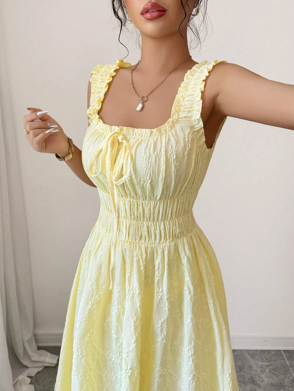 Elenzga New Woven Texture Floral Fabric Dress For Women, Spaghetti Strap Bowknot Design Waist Gathering - image 10