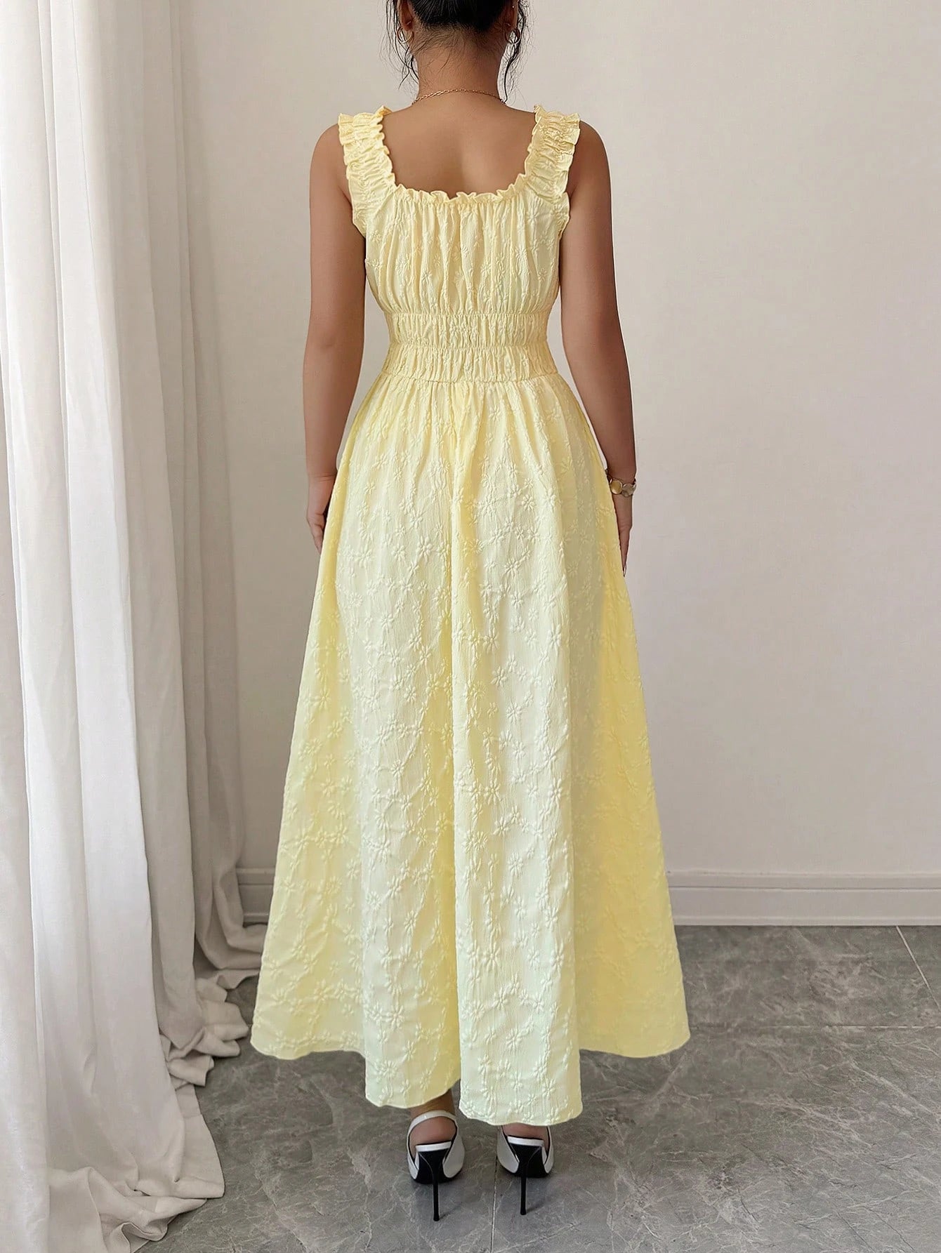 Elenzga New Woven Texture Floral Fabric Dress For Women, Spaghetti Strap Bowknot Design Waist Gathering - image 9