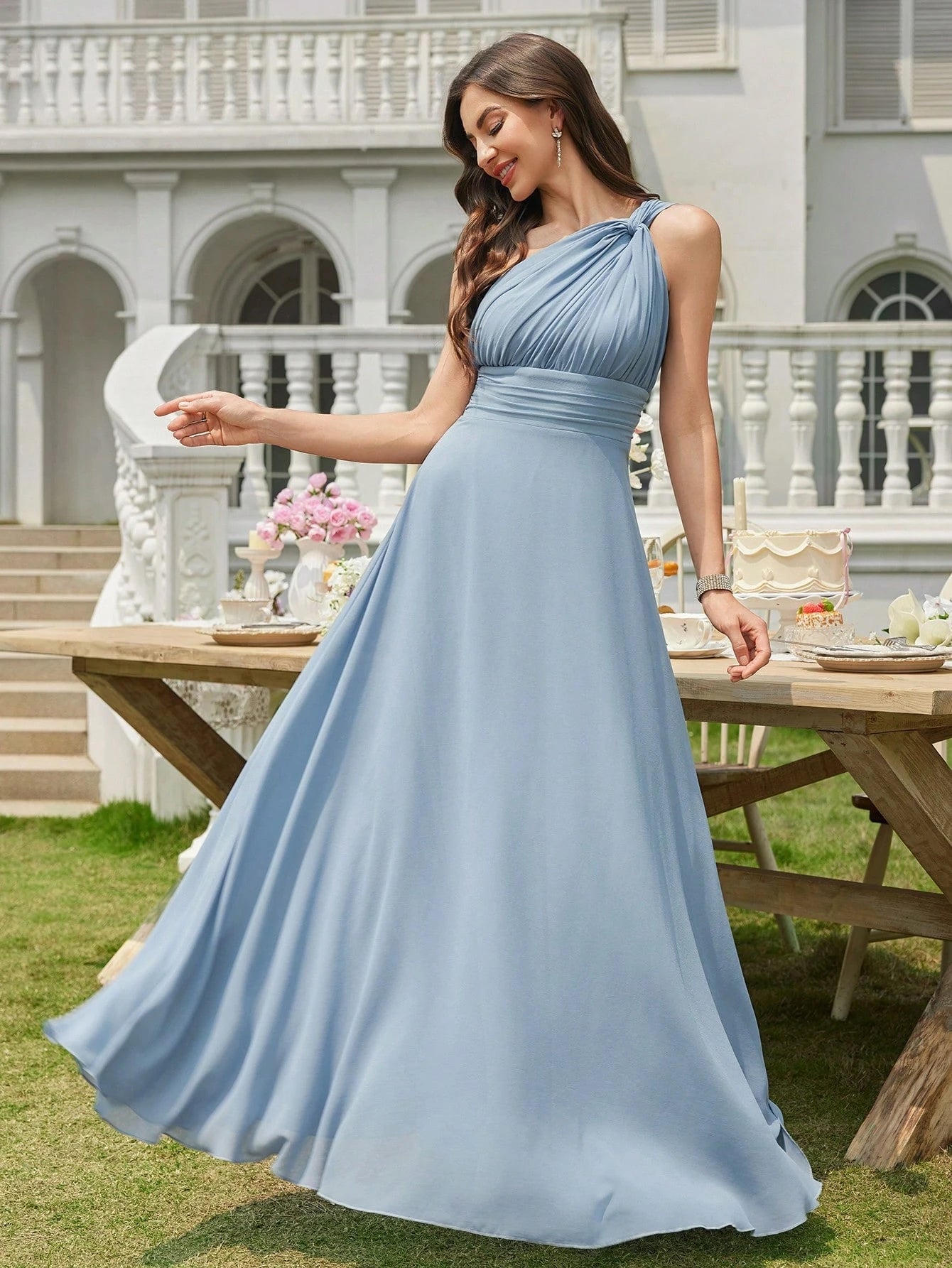 Volly Toych Light Pink Pleated A-Line Chiffon Dress, Elegant Flared Formal Bridesmaid Gown, Suitable For - image 16