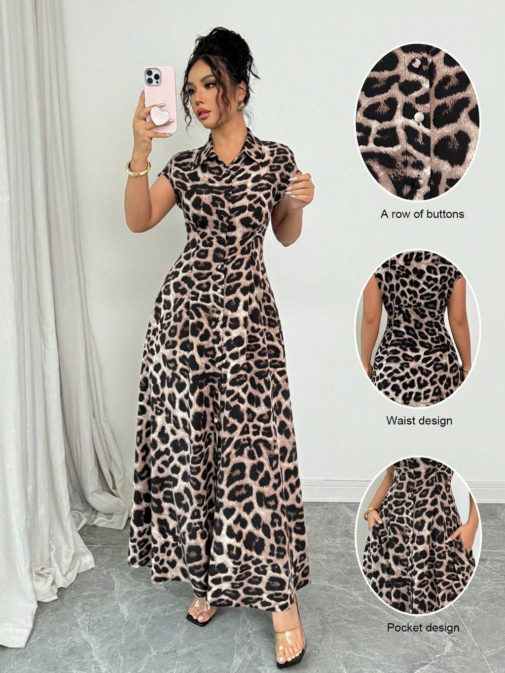 Rafferiza Women's Elegant Leopard Print Collared Short Sleeve Cinched