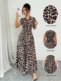 Rafferiza Women's Elegant Leopard Print Collared Short Sleeve Cinched