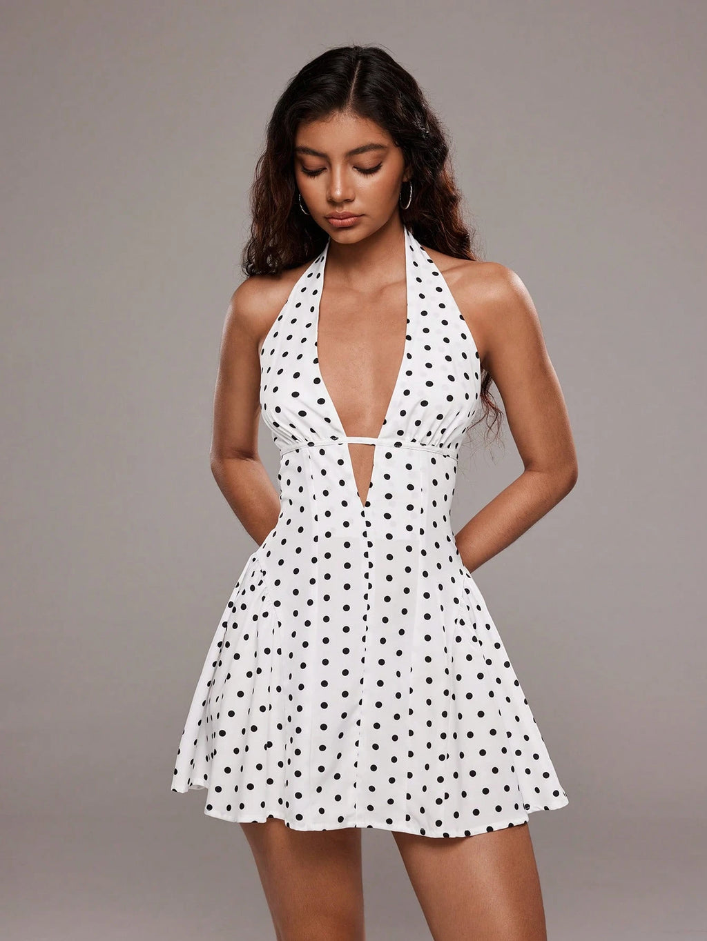 TRNVIE Women's Polka Dot Print Sexy V-Neck Backless Mini Dress