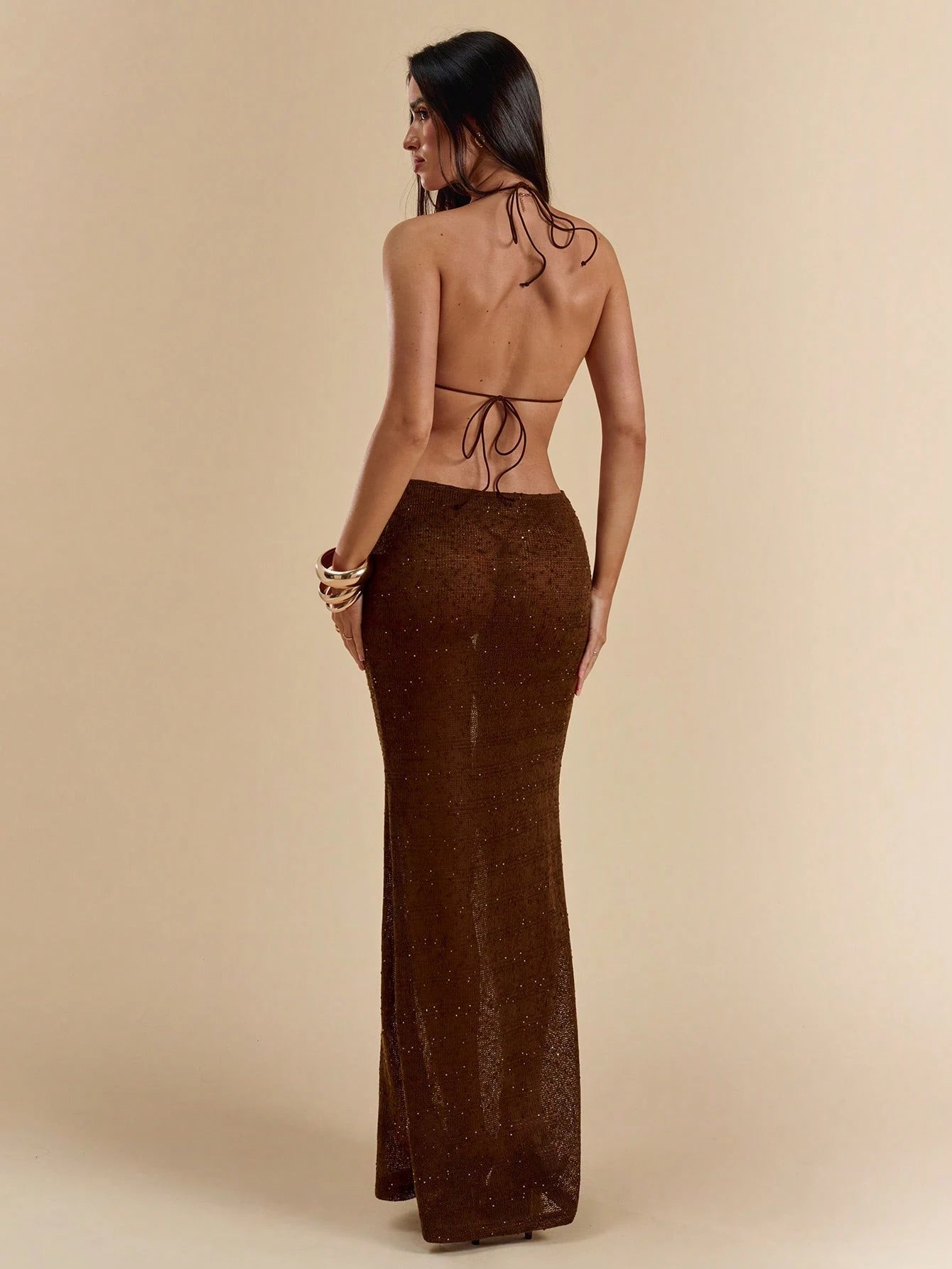 BAE Women's Solid Brown/Coffee Bodycon Fitted Mesh Crochet Starfish