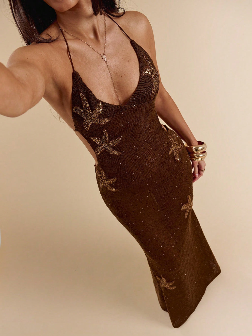 BAE Women's Solid Brown/Coffee Bodycon Fitted Mesh Crochet Starfish