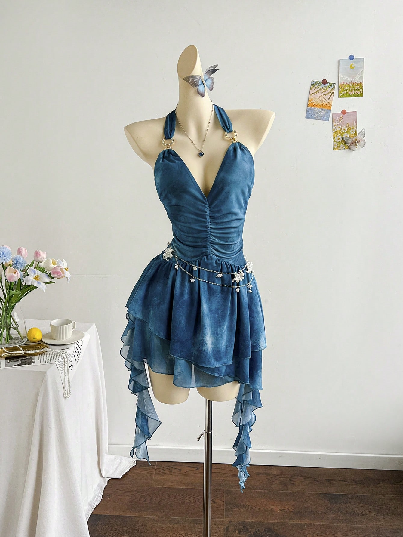 Soleia Romantic Vacation Halter Knit Mesh Blue Printed Dress For