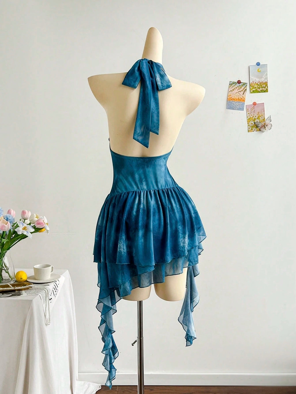 Soleia Romantic Vacation Halter Knit Mesh Blue Printed Dress For Women ,Summer Dress - image 19