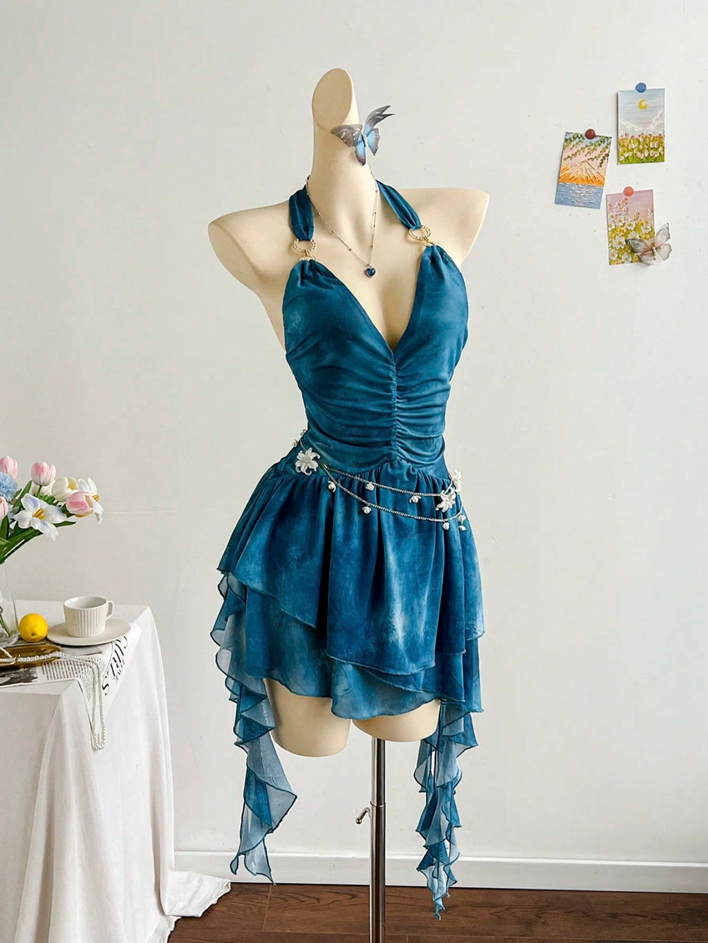 Soleia Romantic Vacation Halter Knit Mesh Blue Printed Dress For