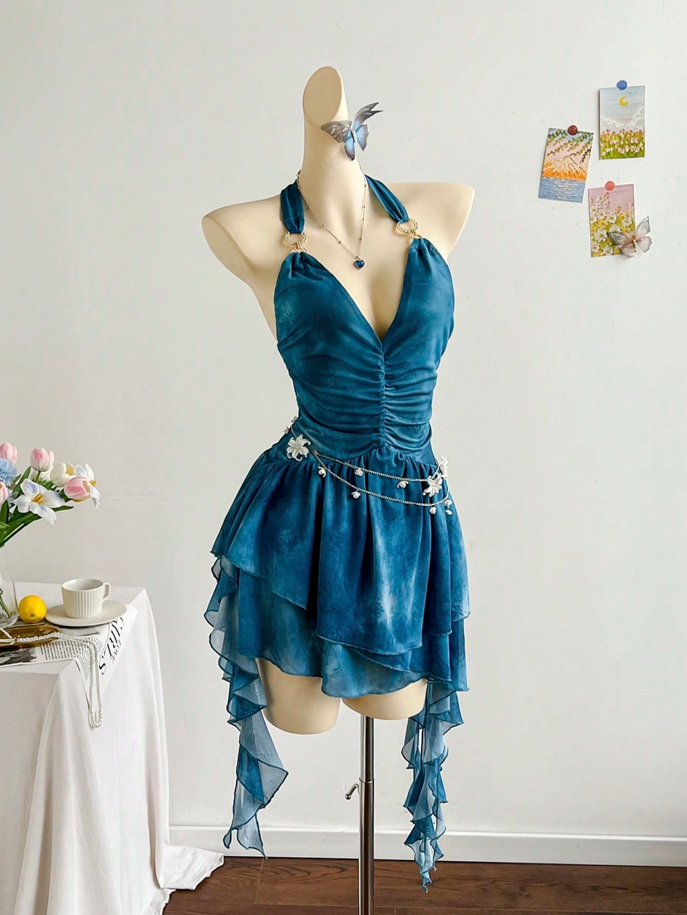 Soleia Romantic Vacation Halter Knit Mesh Blue Printed Dress For Women ,Summer Dress - image 20