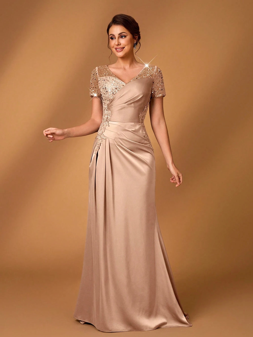 Serin Champagne Gold Summer Formal Elegant Evening Wedding Dress,Embroidered Lace Applique Elastic Satin