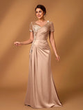 Serin Champagne Gold Summer Formal Elegant Evening Wedding Dress,Embroidered Lace Applique Elastic Satin