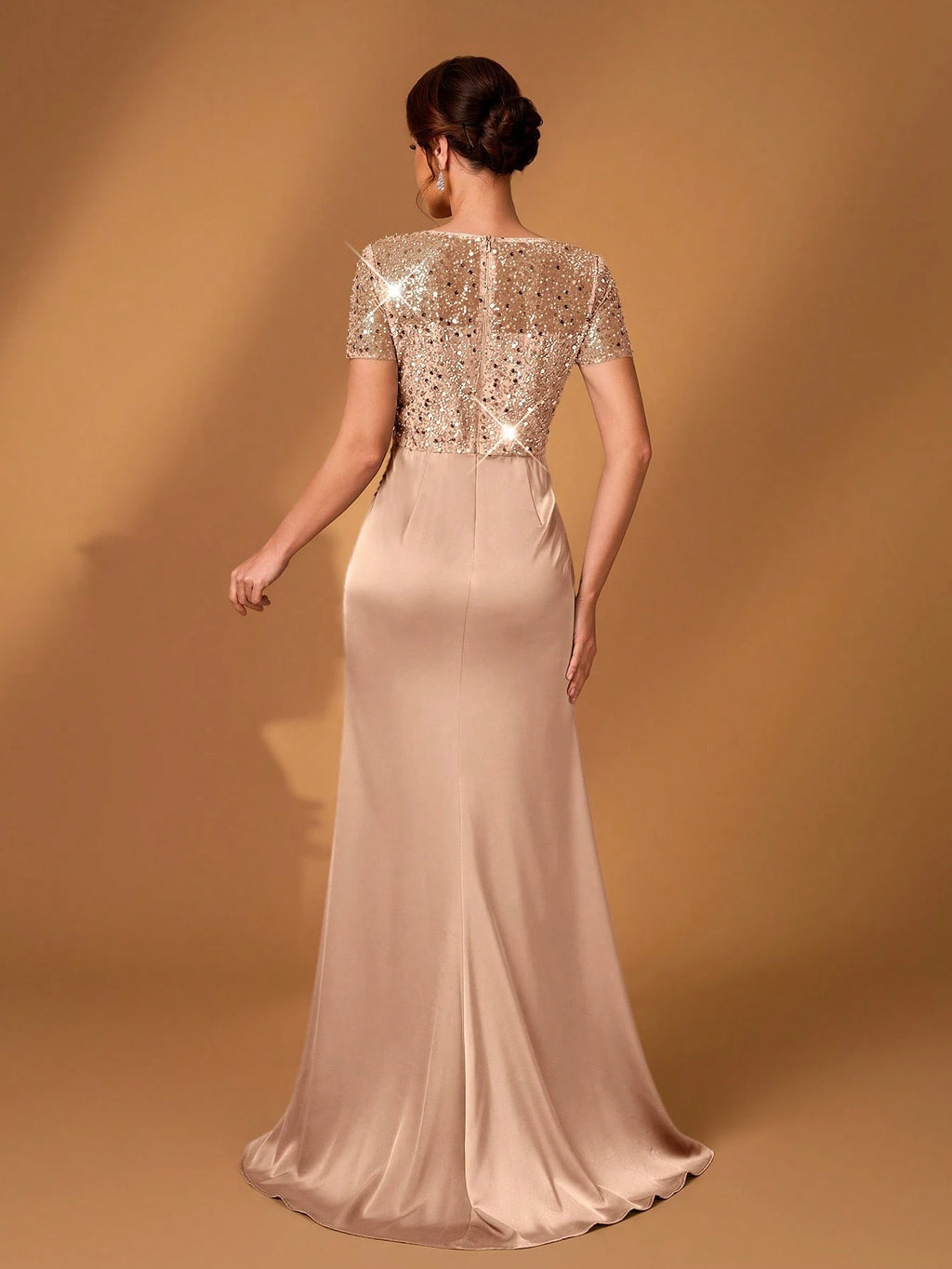 Serin Champagne Gold Summer Formal Elegant Evening Wedding Dress,Embroidered Lace Applique Elastic Satin - image 3