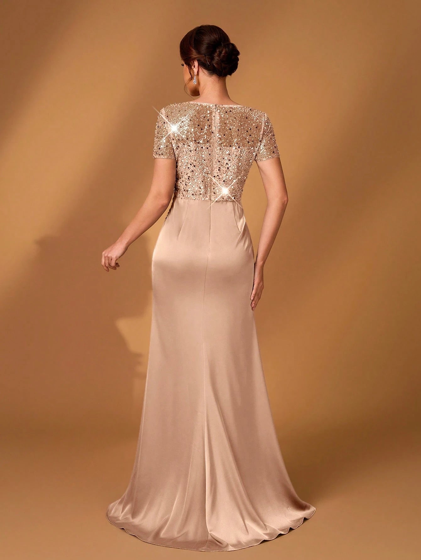 Serin Champagne Gold Summer Formal Elegant Evening Wedding Dress,Embroidered Lace Applique Elastic Satin - image 3