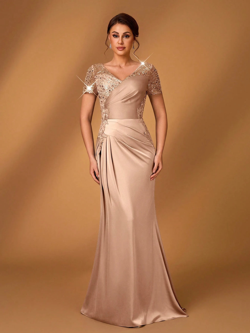 Serin Champagne Gold Summer Formal Elegant Evening Wedding Dress,Embroidered Lace Applique Elastic Satin - image 4