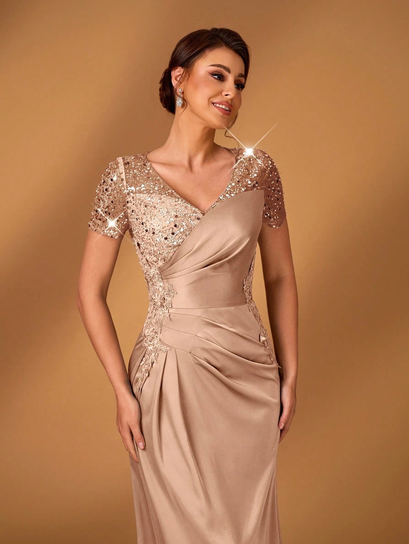 Serin Champagne Gold Summer Formal Elegant Evening Wedding Dress,Embroidered Lace Applique Elastic Satin - image 5