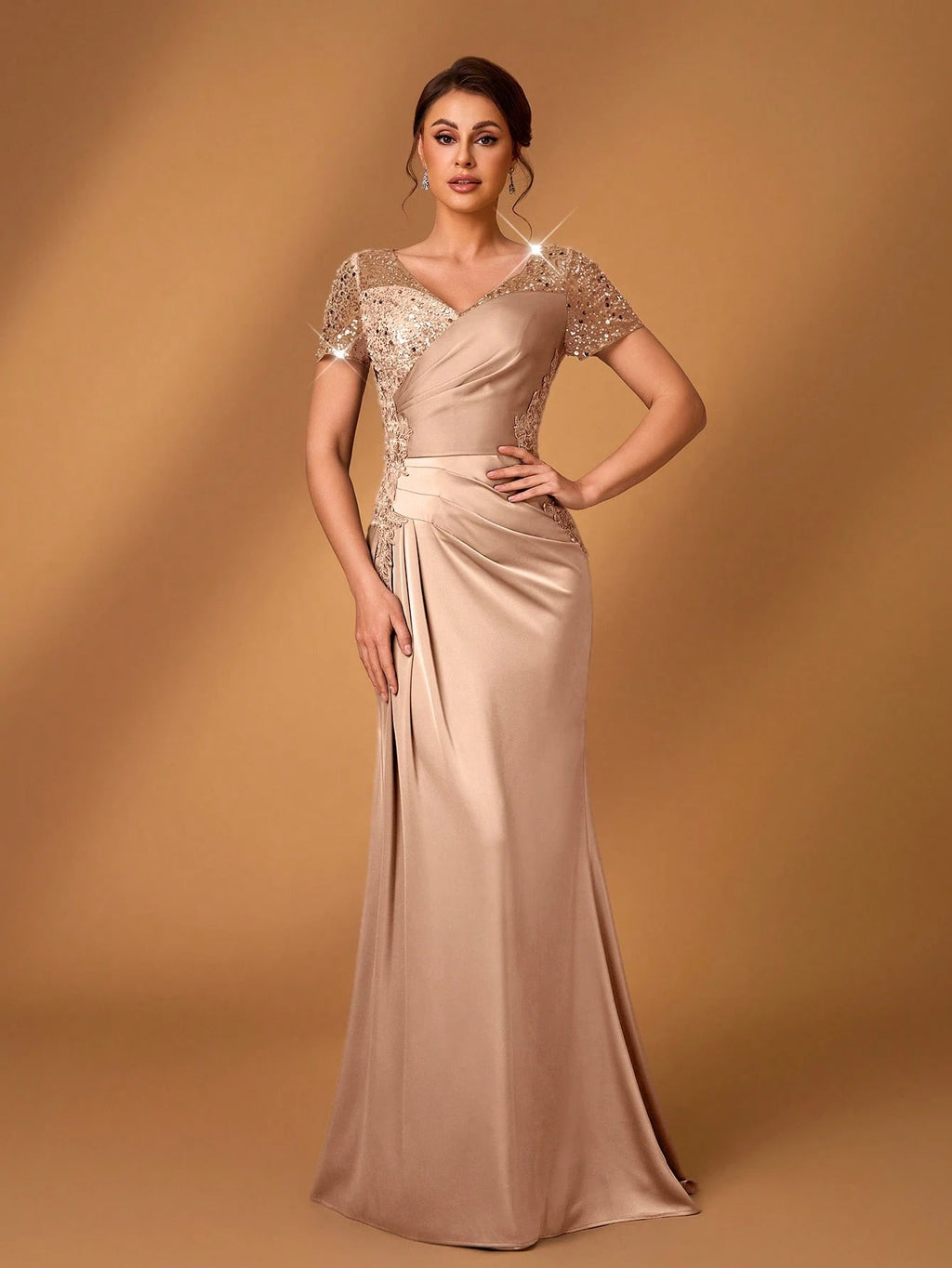 Serin Champagne Gold Summer Formal Elegant Evening Wedding Dress,Embroidered Lace Applique Elastic Satin - image 6